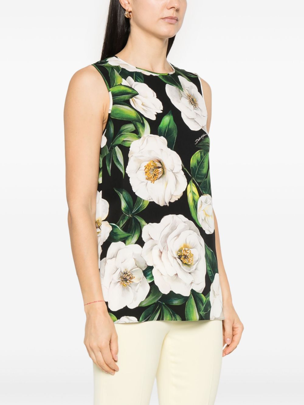 Dolce & Gabbana Gardenia Print Sleeveless Charmeuse Top