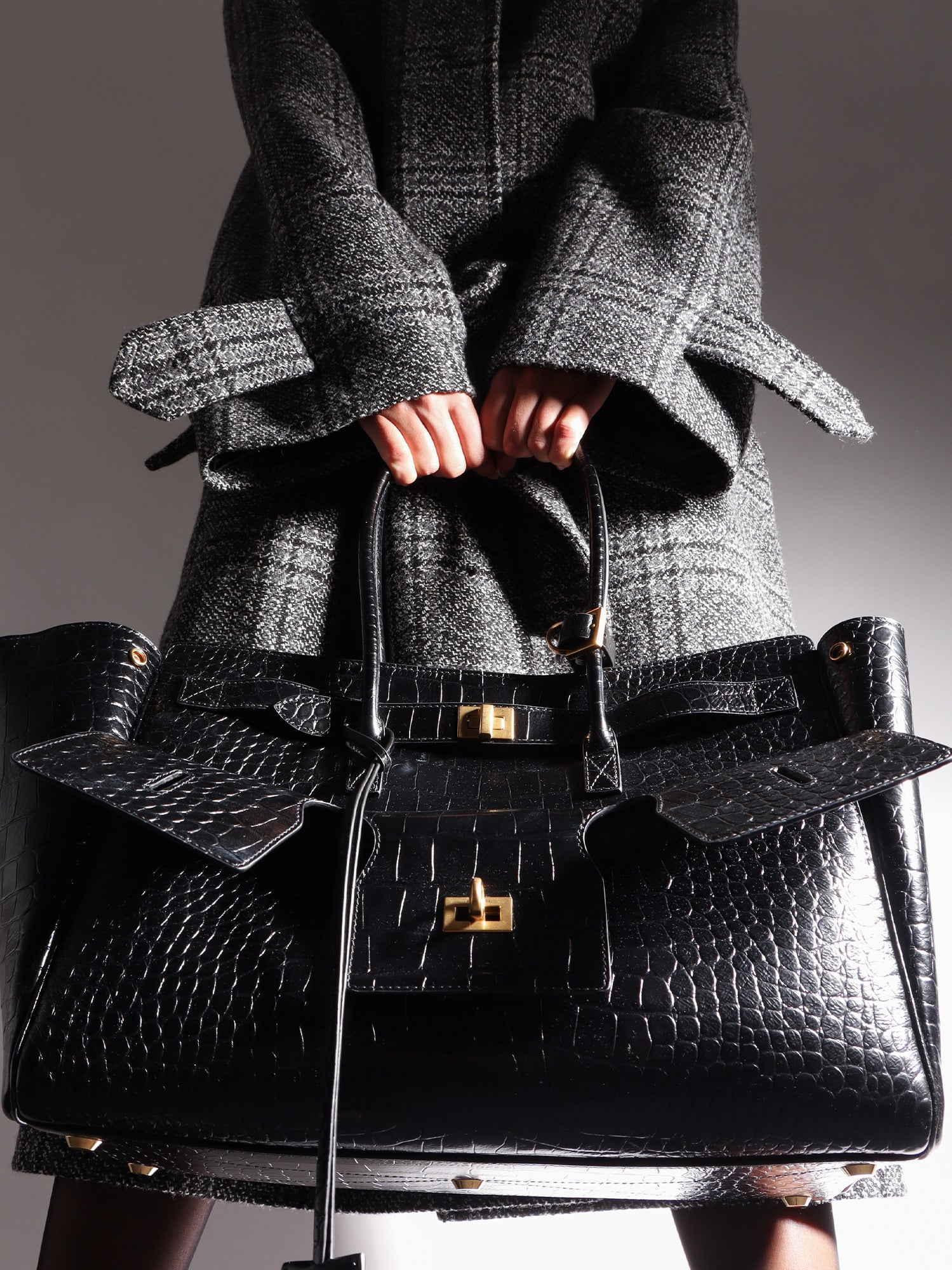 Balenciaga Carry All Bel Air Leather Shoulder Bag With Croco Effect