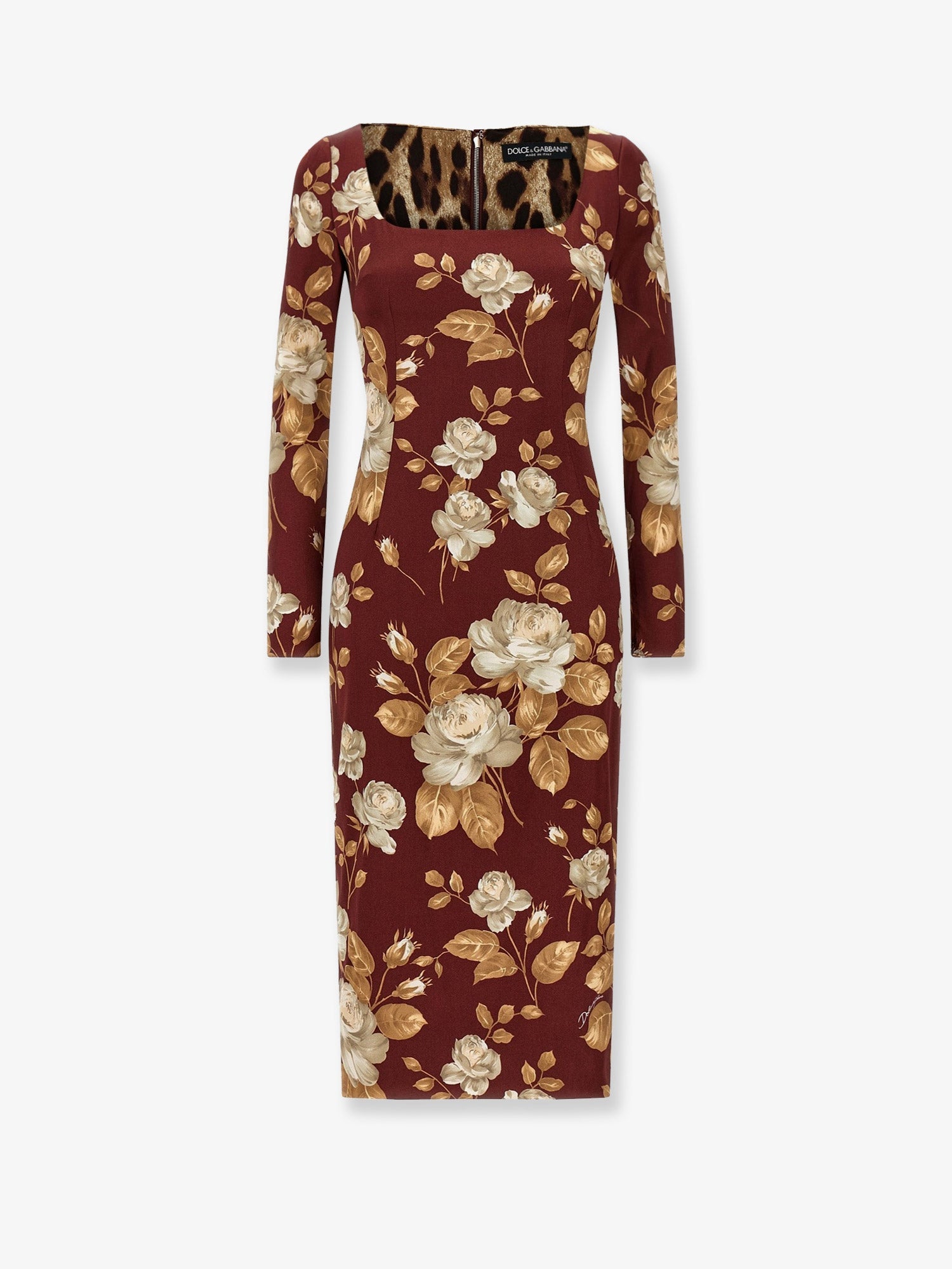 Dolce & Gabbana Vintage Rose Print Satin Midi Pencil Dress