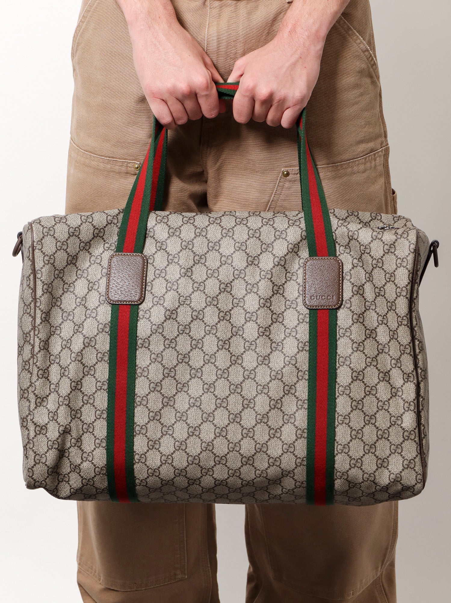 Gucci Gg Supreme Fabric And Leather Travel Bag With Web Detail