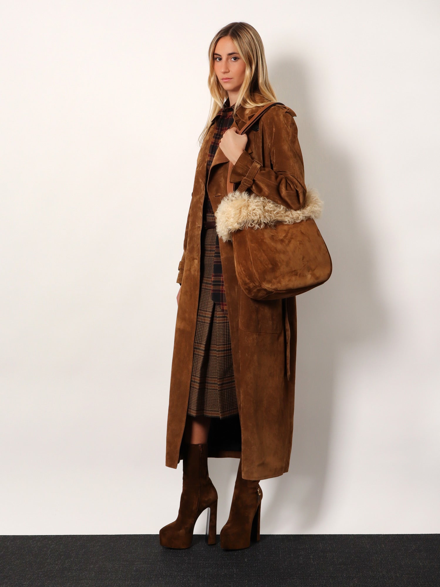 Saint Laurent Suede Shoulder Bag With Shearling Profile