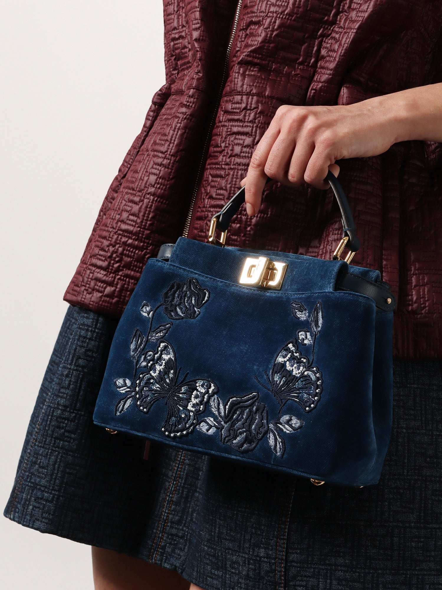 Fendi Peekaboo Mini Denim Crossbody Bag With Night Butterfly Embroidery