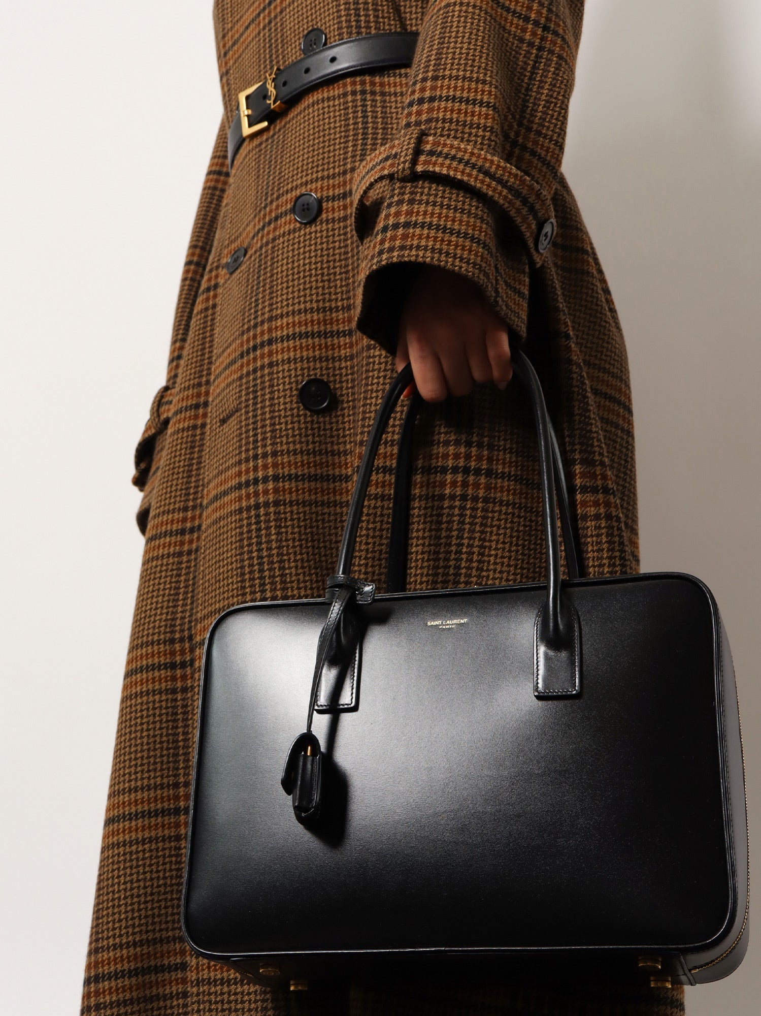 Saint Laurent Sac De Jour In Box Leather Handbag With Metal Padlock Detail