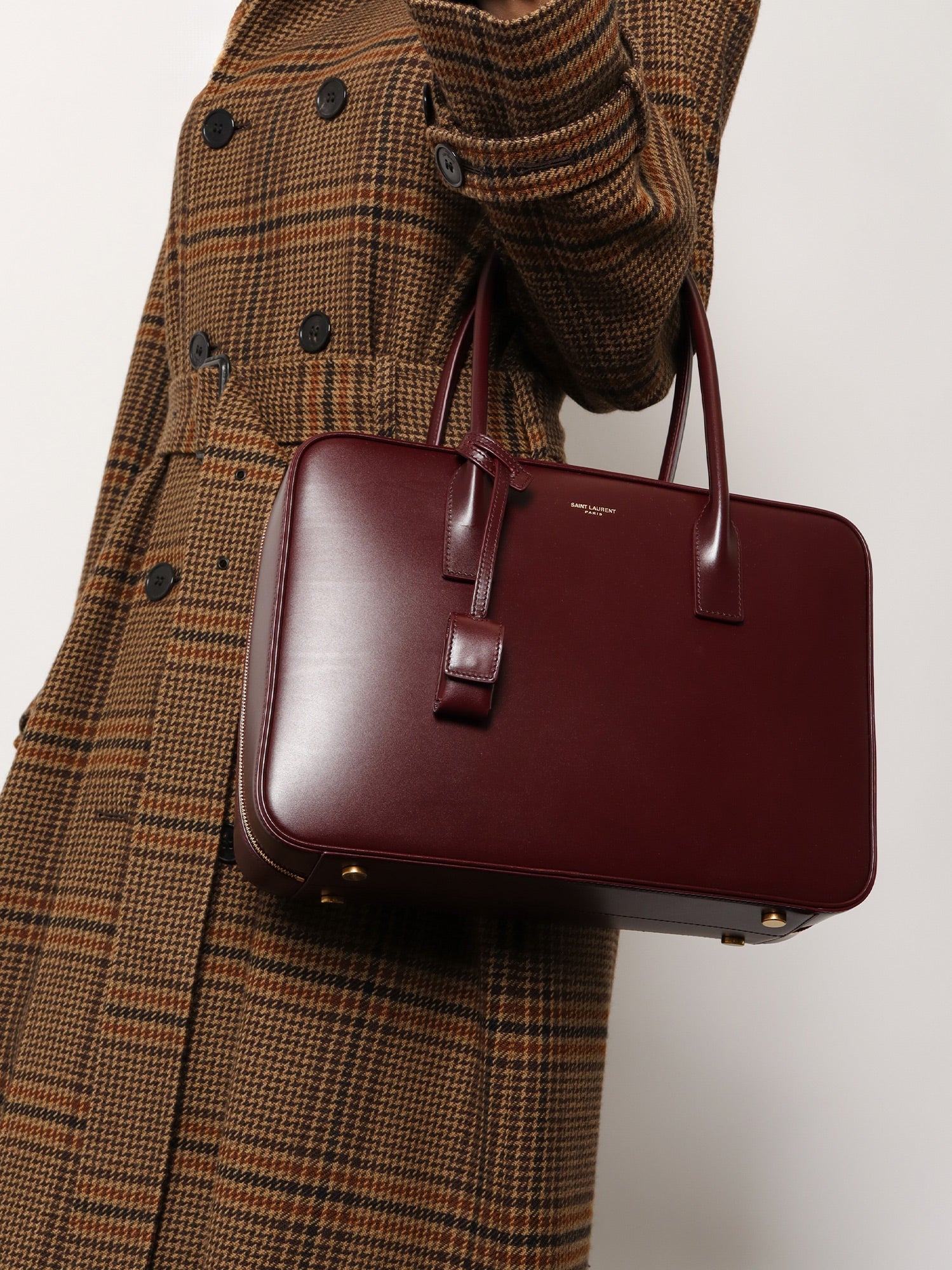 Saint Laurent Sac De Jour In Box Leather Handbag With Metal Lock Detail