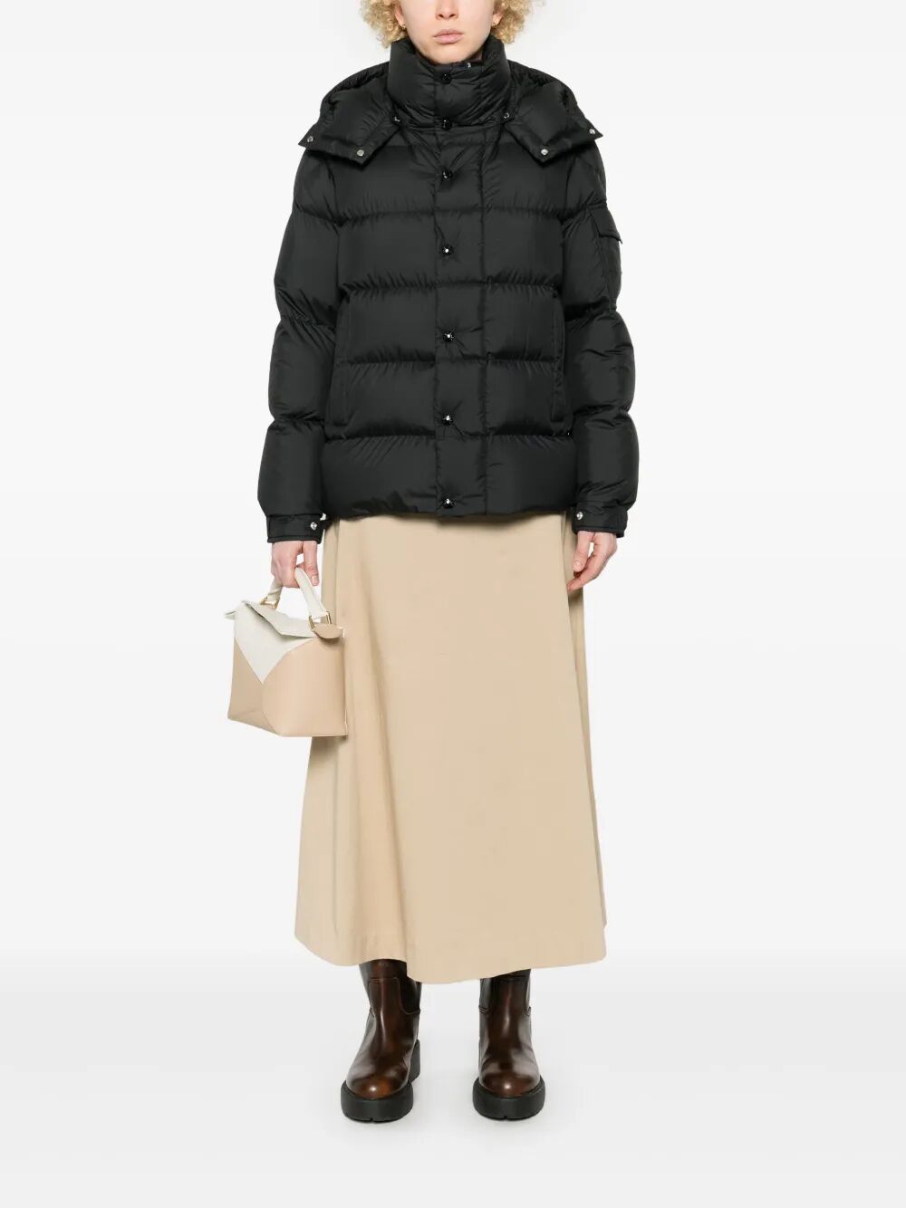 Moncler Long Little Down Jacket With Square Quilting And Hood