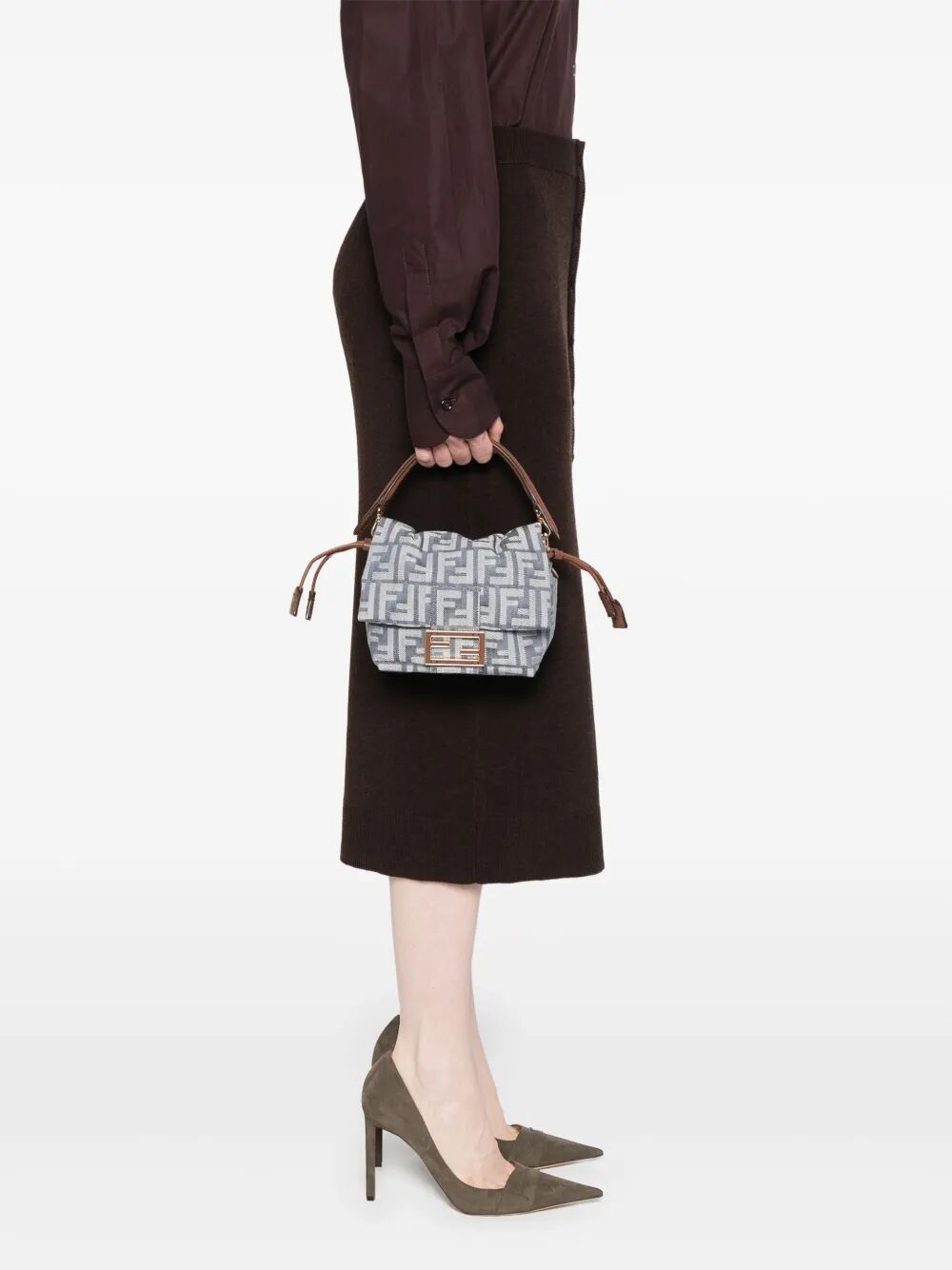 Fendi Denim-effect Ff Jacquard Mamma Baguette Small Bag
