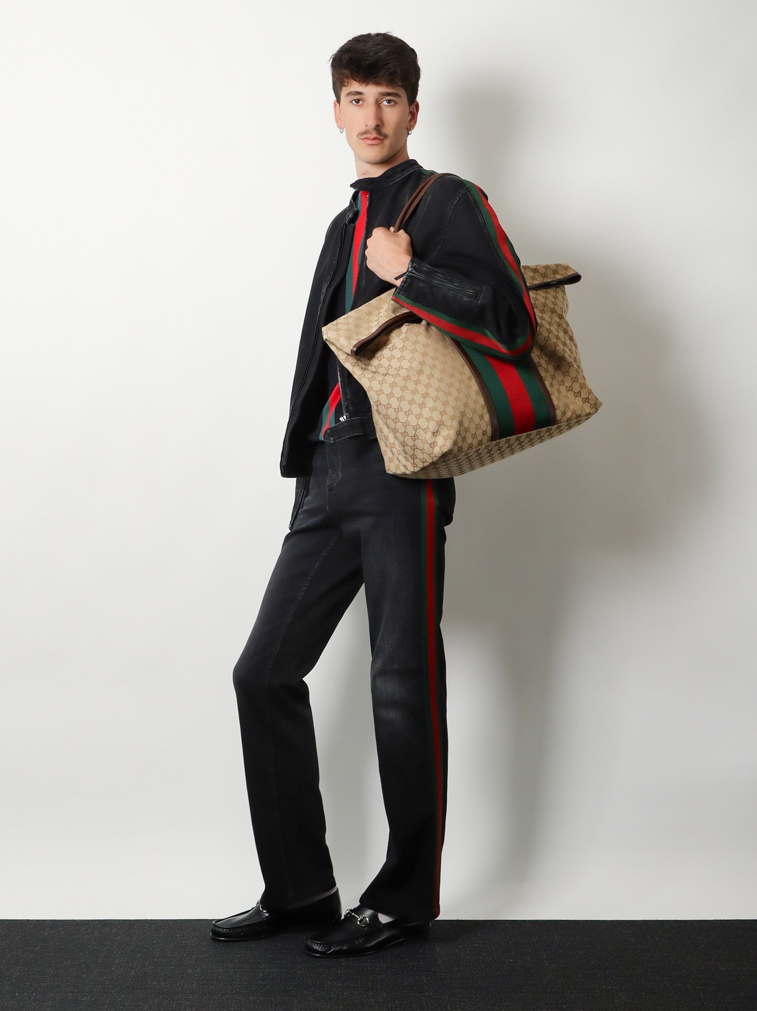 Gucci Gg Fabric Travel Bag With Web Detail On The Front