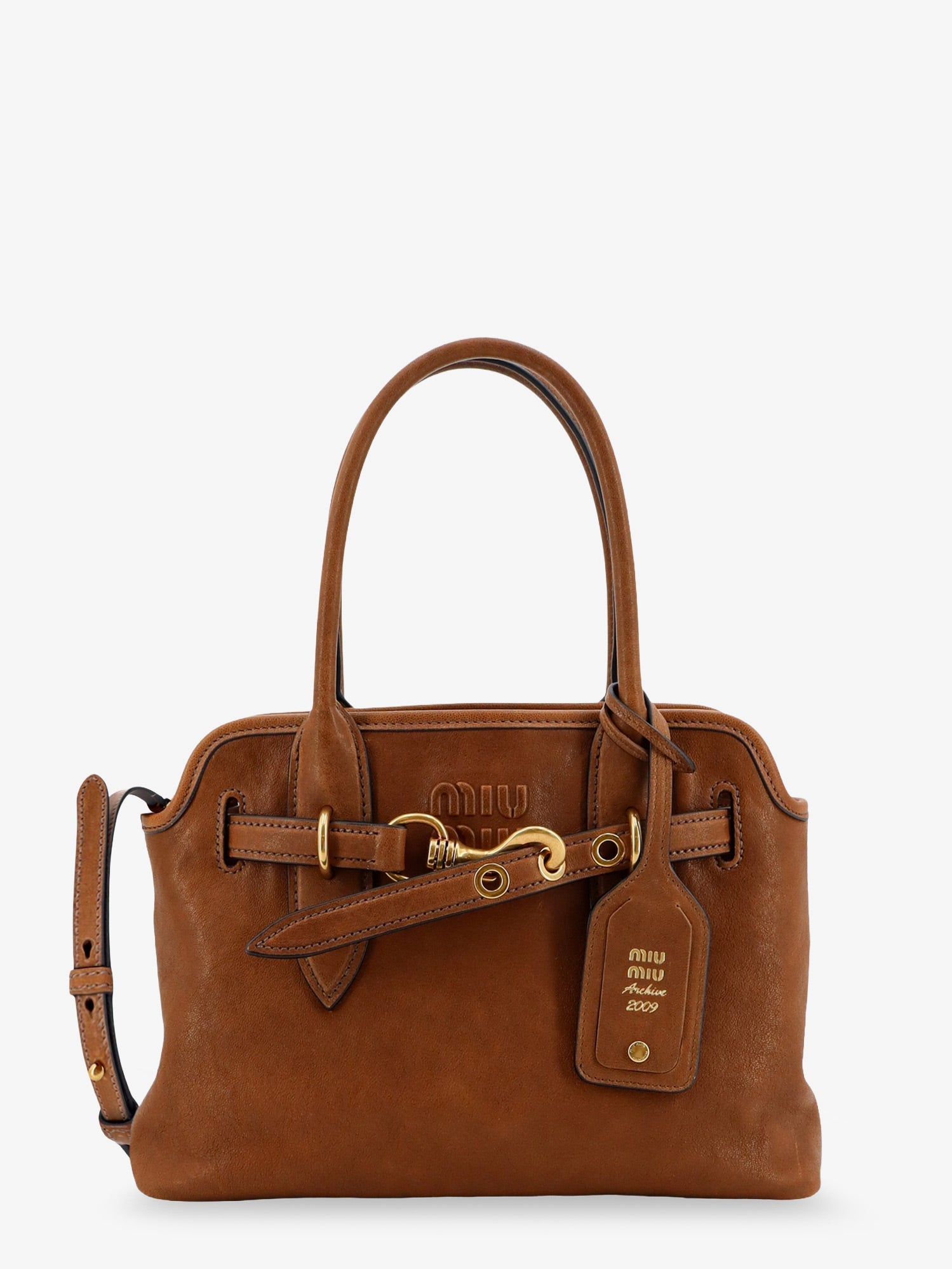 Miu Miu Aventure Leather Handbag With Embossed Lettering Logo