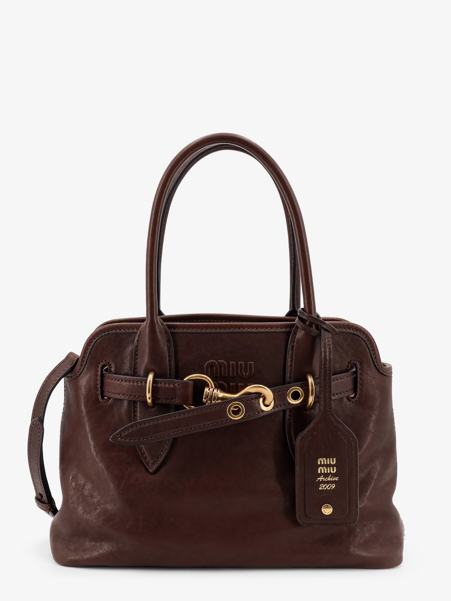 Miu Miu Aventure Leather Handbag With Embossed Lettering Logo