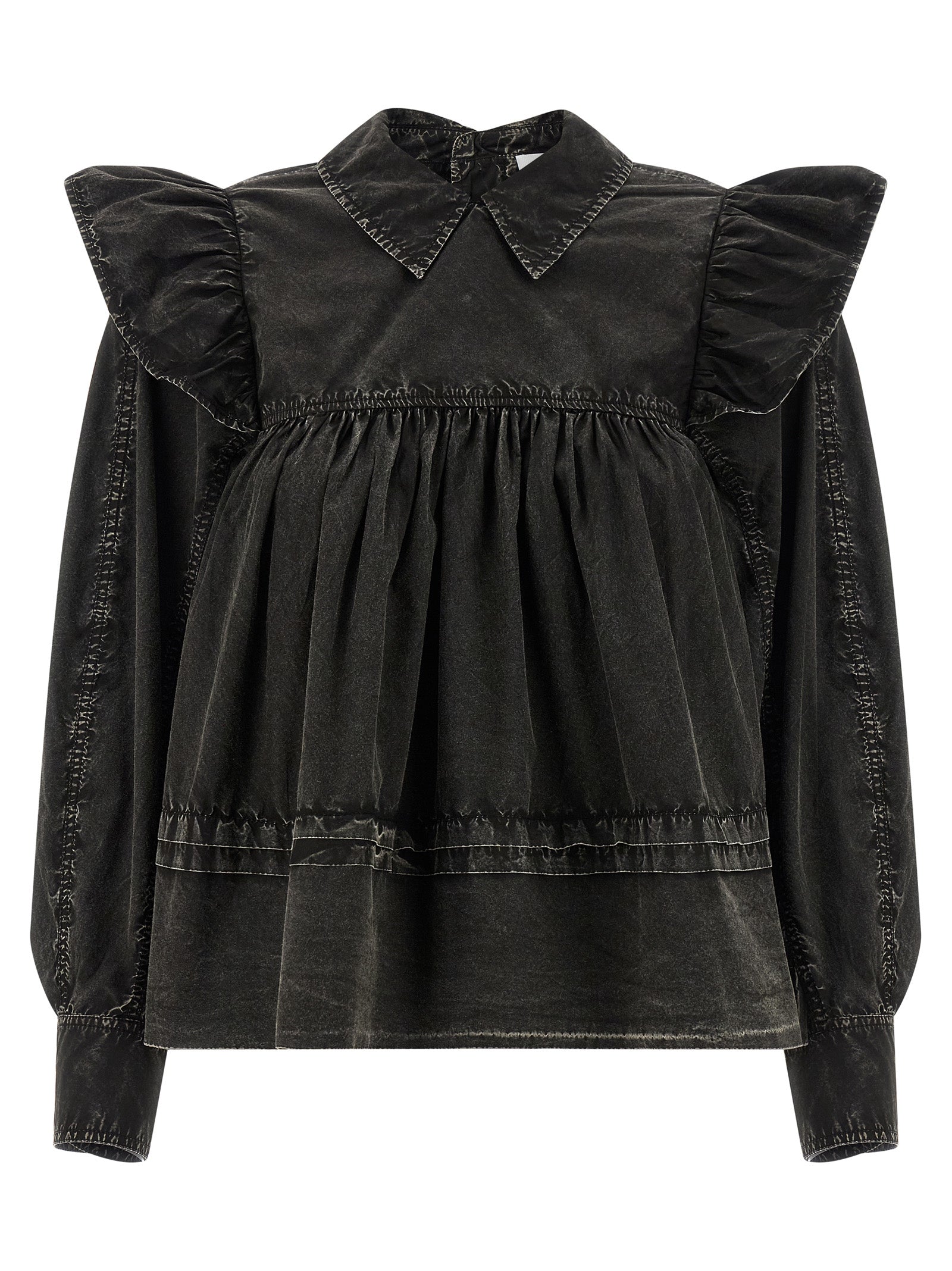 Ganni 'Black Washed Frill' Blouse