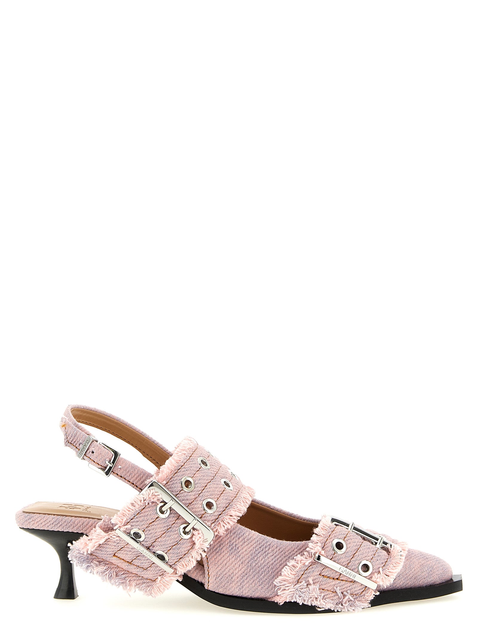Ganni 'Feminine Buckle Fringed Denim' Slingback