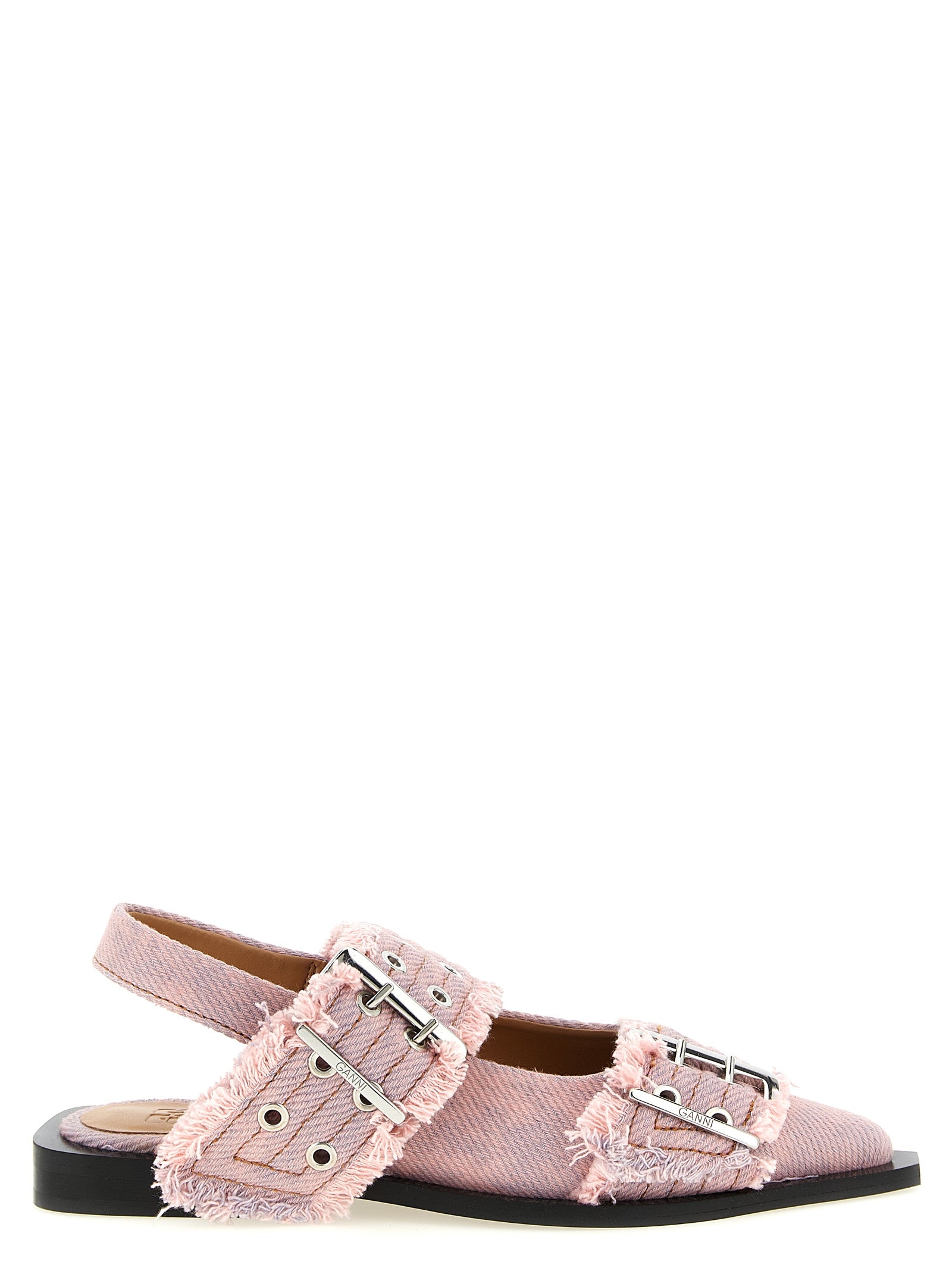 Ganni 'Feminine Buckle Fringed Denim' Slingback