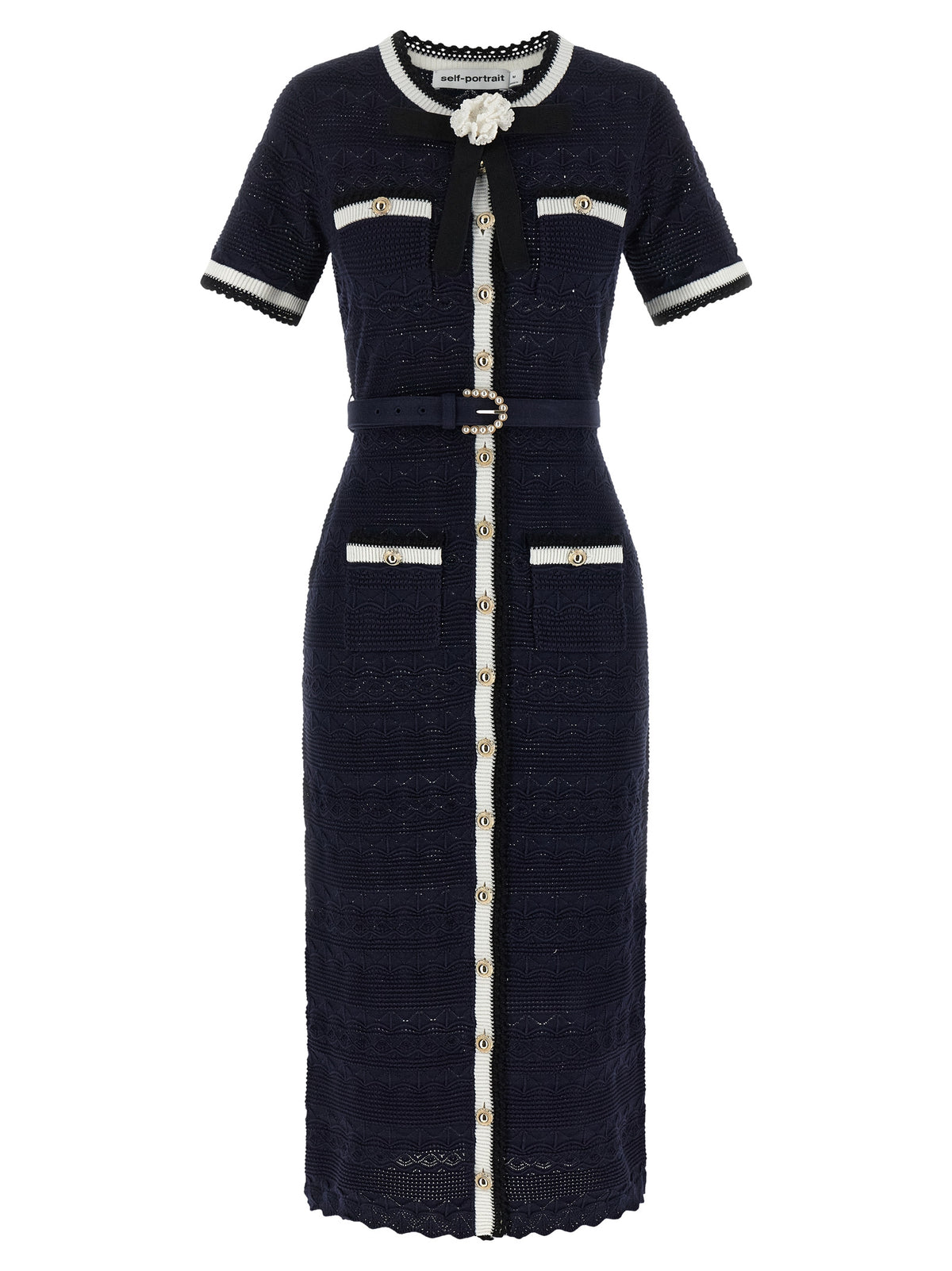 Self Portrait 'Navy Pointelle Knit Midi' Dress