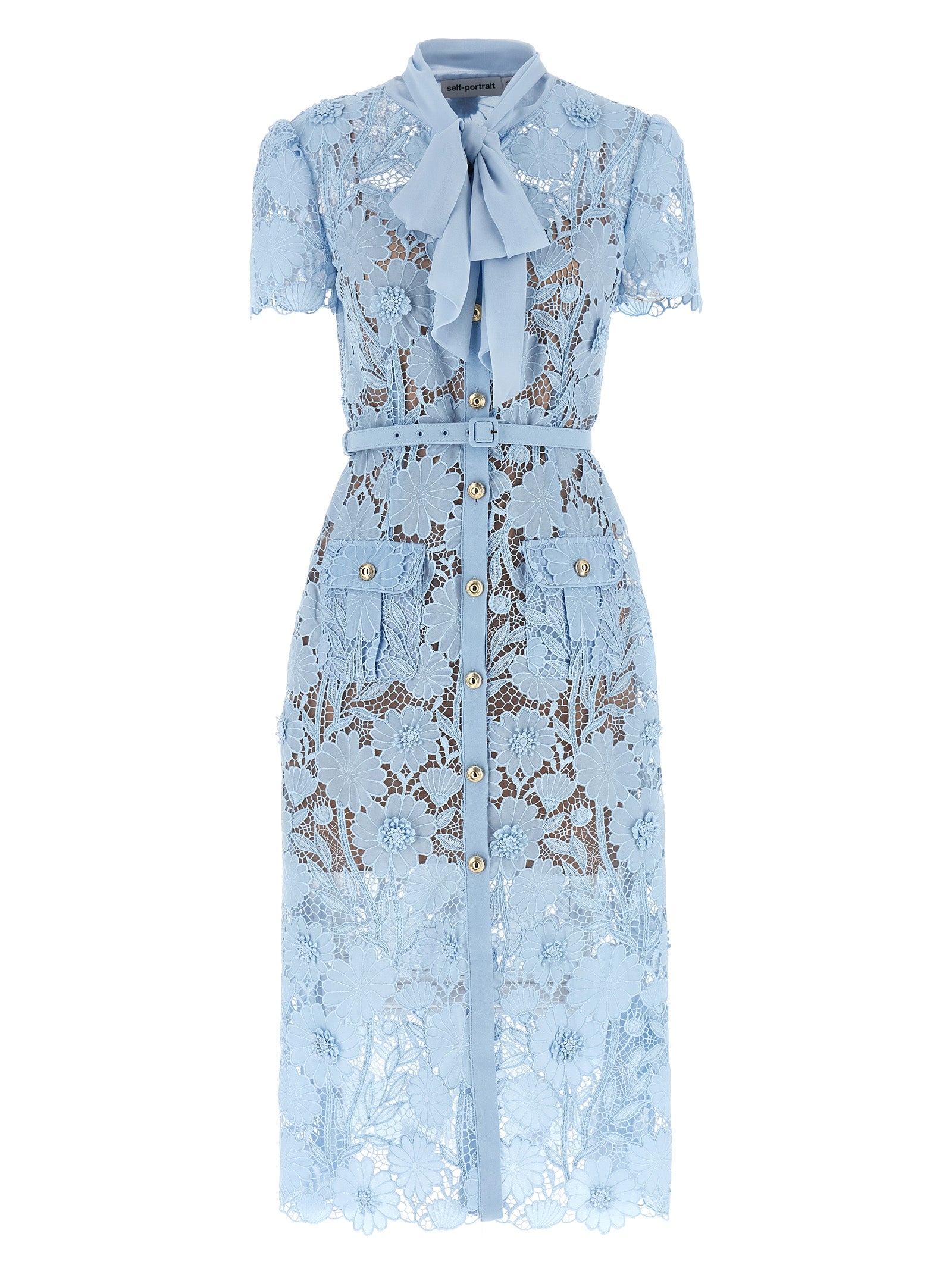 Self Portrait 'Blue Lace Tie Neck Midi' Dress