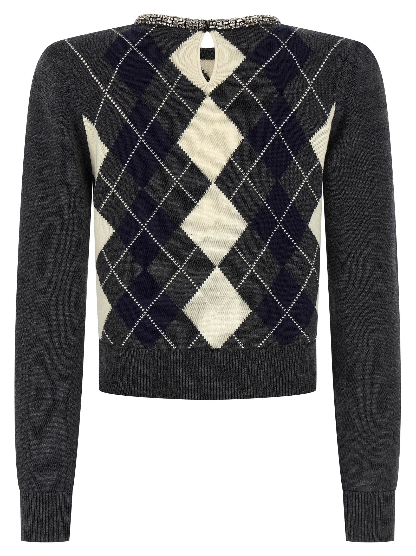 Self Portrait 'Grey Argyle Crystal Trim' Sweater