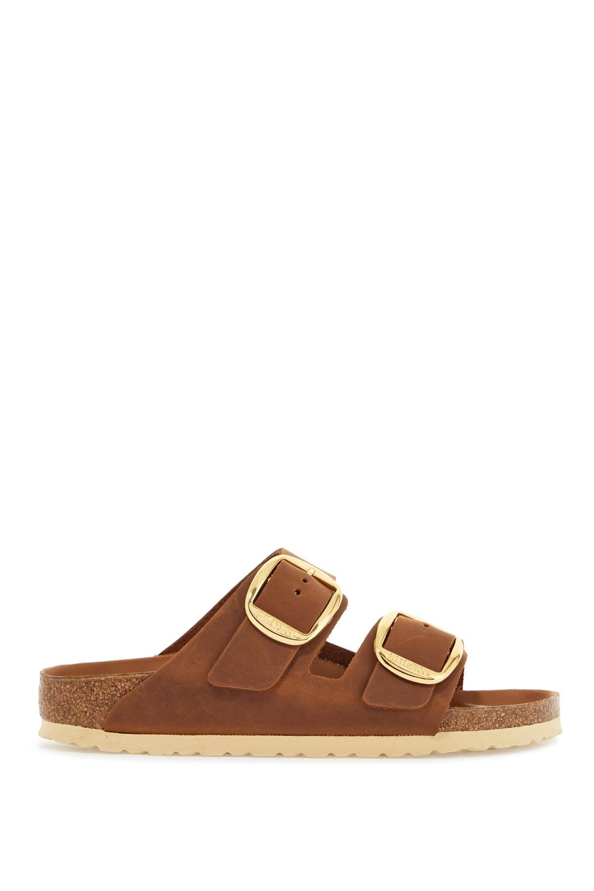 Birkenstock Oiled Leather Cognac Slippers With Large Golden Buckles