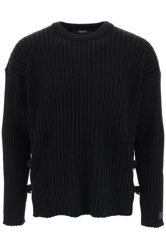 Versace Ribbed-Knit Sweater With Leather Straps Black