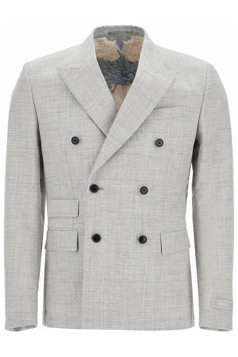 Versace Double-Breasted Wool Blend Blazer Grey