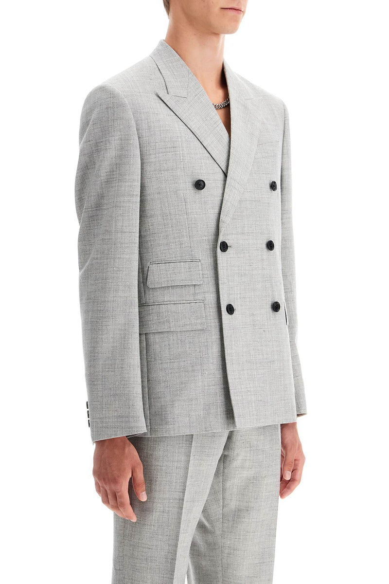 Versace Double-Breasted Wool Blend Blazer Grey