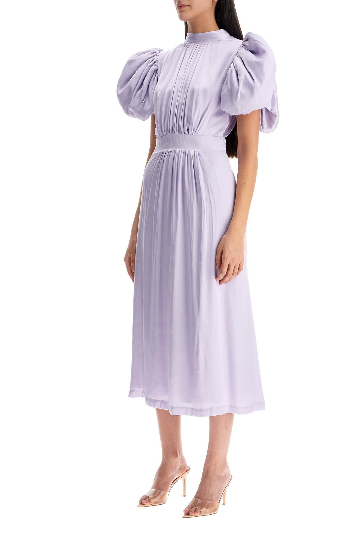 Rotate Midi Satin Dress With Puff Sleeves