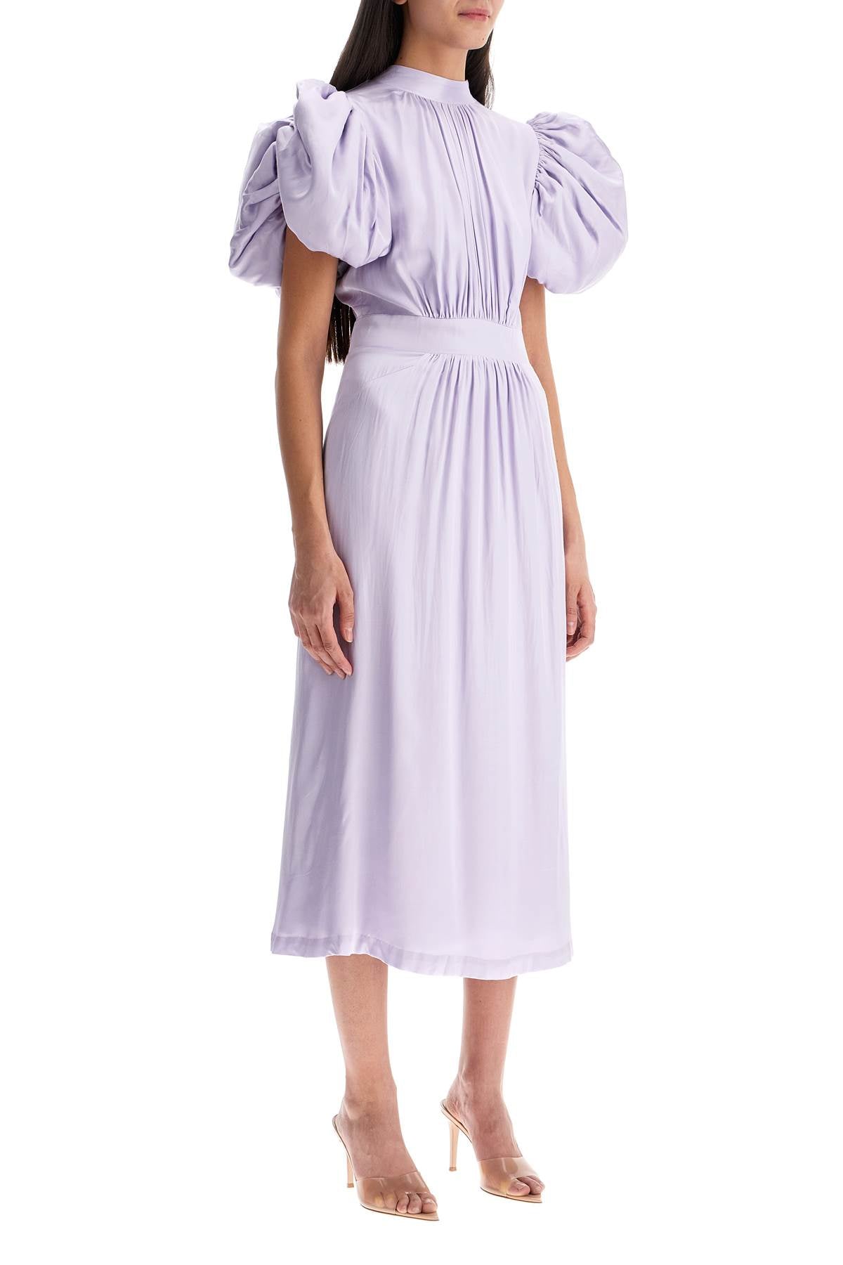 Rotate Midi Satin Dress With Puff Sleeves