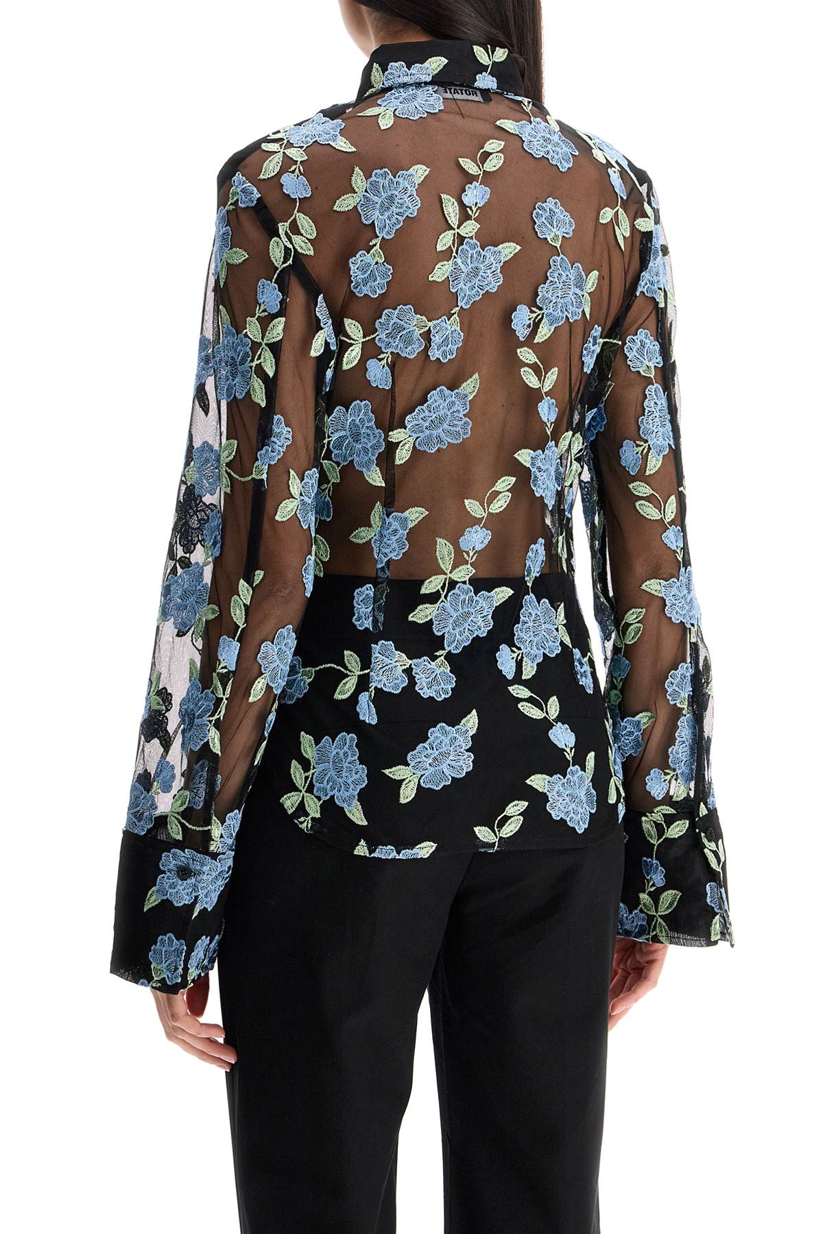 Rotate Black Mesh Shirt With Floral Embroidery