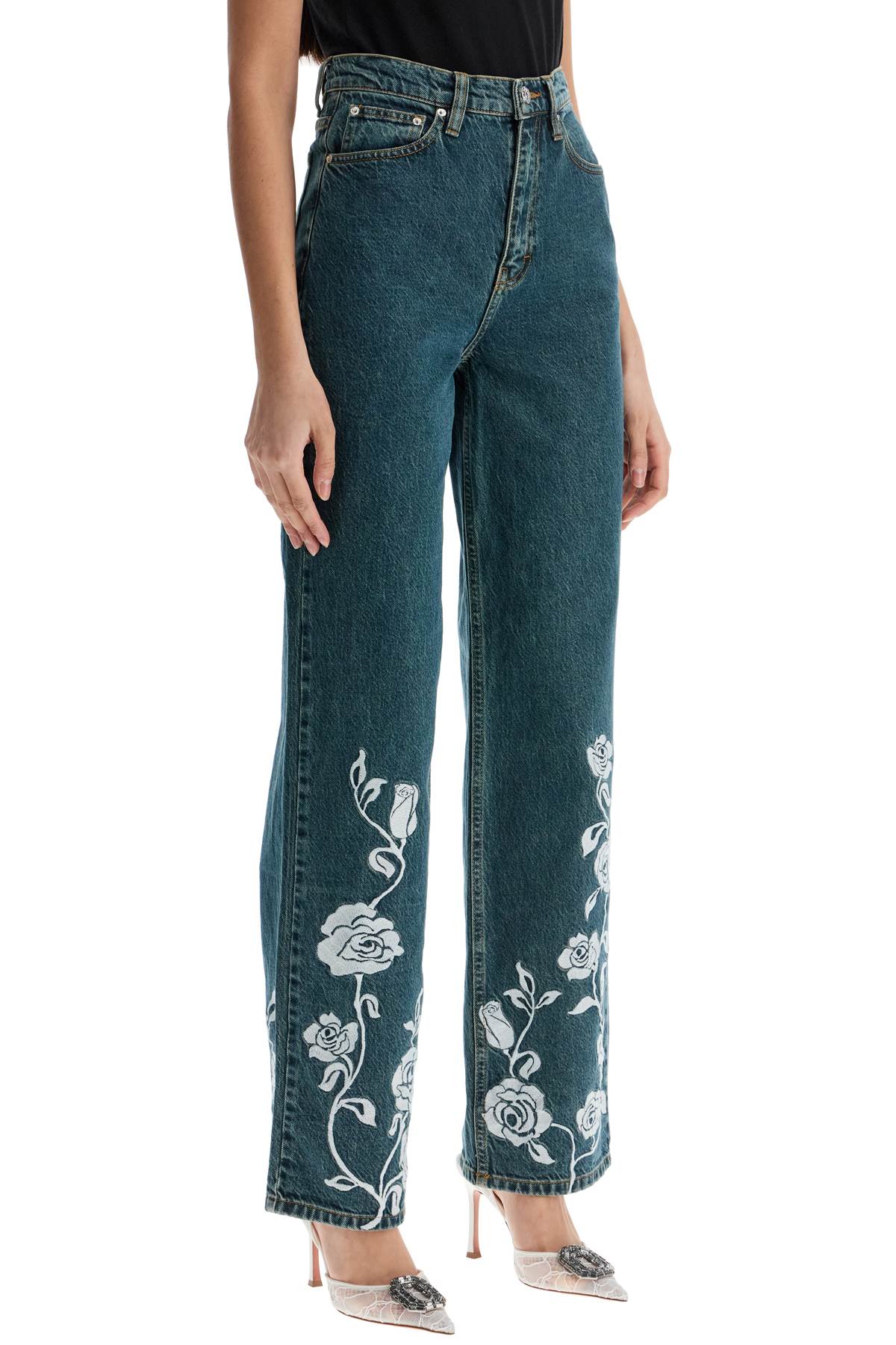 Rotate Jeans In Denim Steel Blue With Floral Details