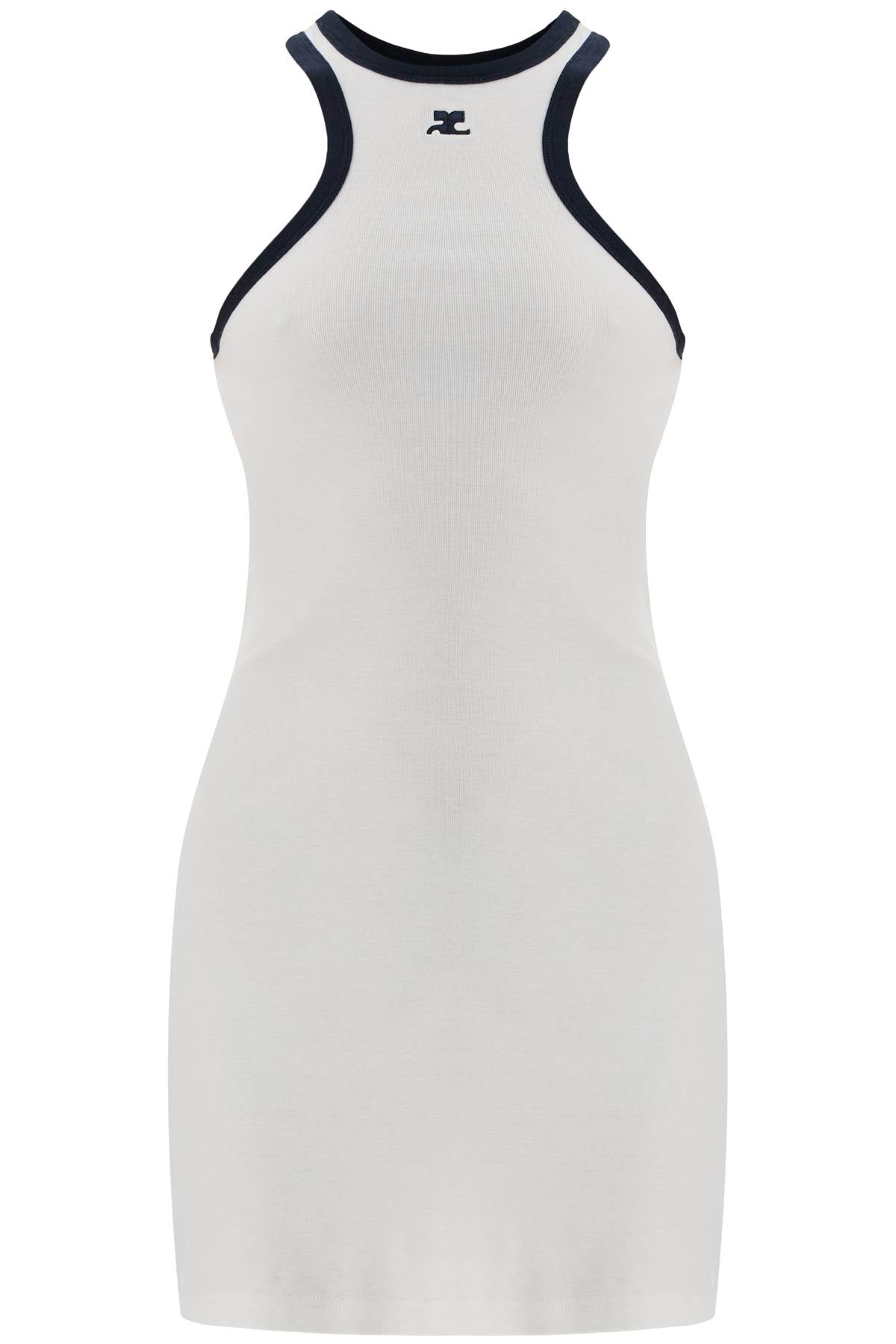 Courreges White Cotton Mini Dress With Navy Blue Details And Halter Neck