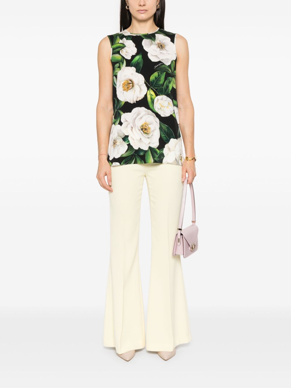 Dolce & Gabbana Gardenia Print Sleeveless Charmeuse Top