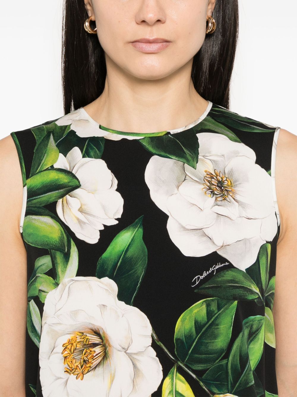 Dolce & Gabbana Gardenia Print Sleeveless Charmeuse Top