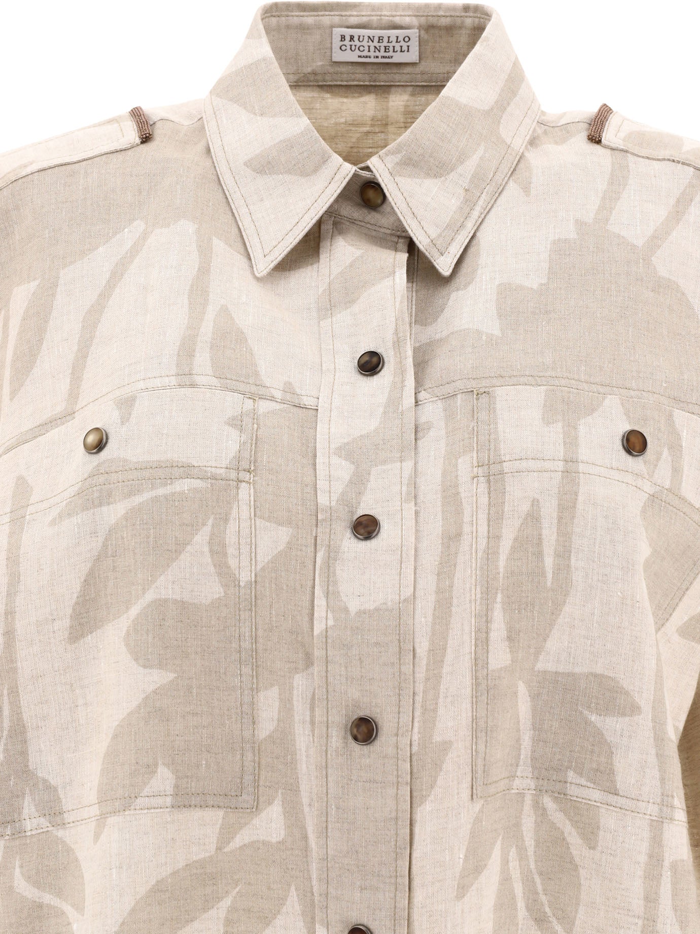 Brunello Cucinelli Ramage Print Lessivé Linen Shirt With Shiny Tabs