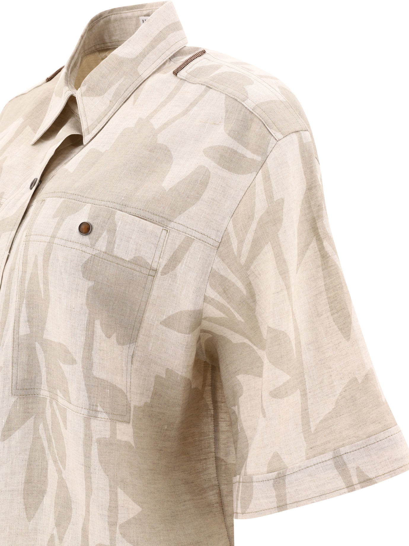 Brunello Cucinelli Ramage Print Lessivé Linen Shirt With Shiny Tabs