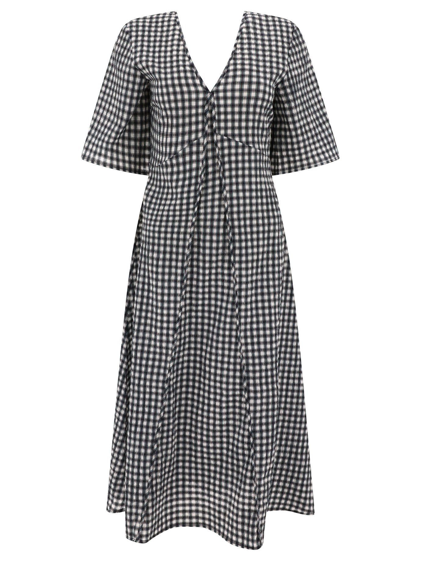 Ganni Seersucker Check V-Neck Dress