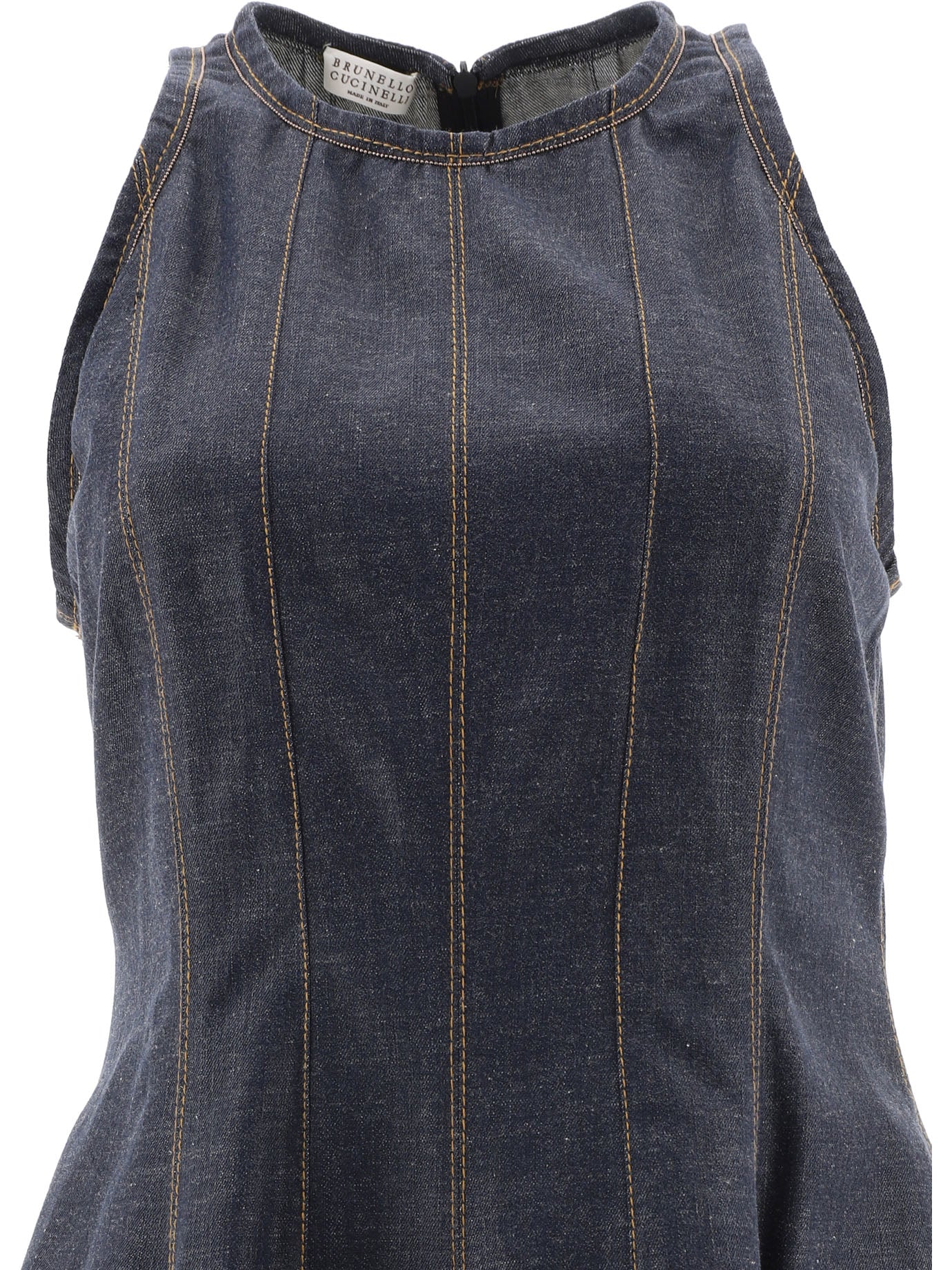 Brunello Cucinelli Wet-Effect Denim Dress With Shiny Trims