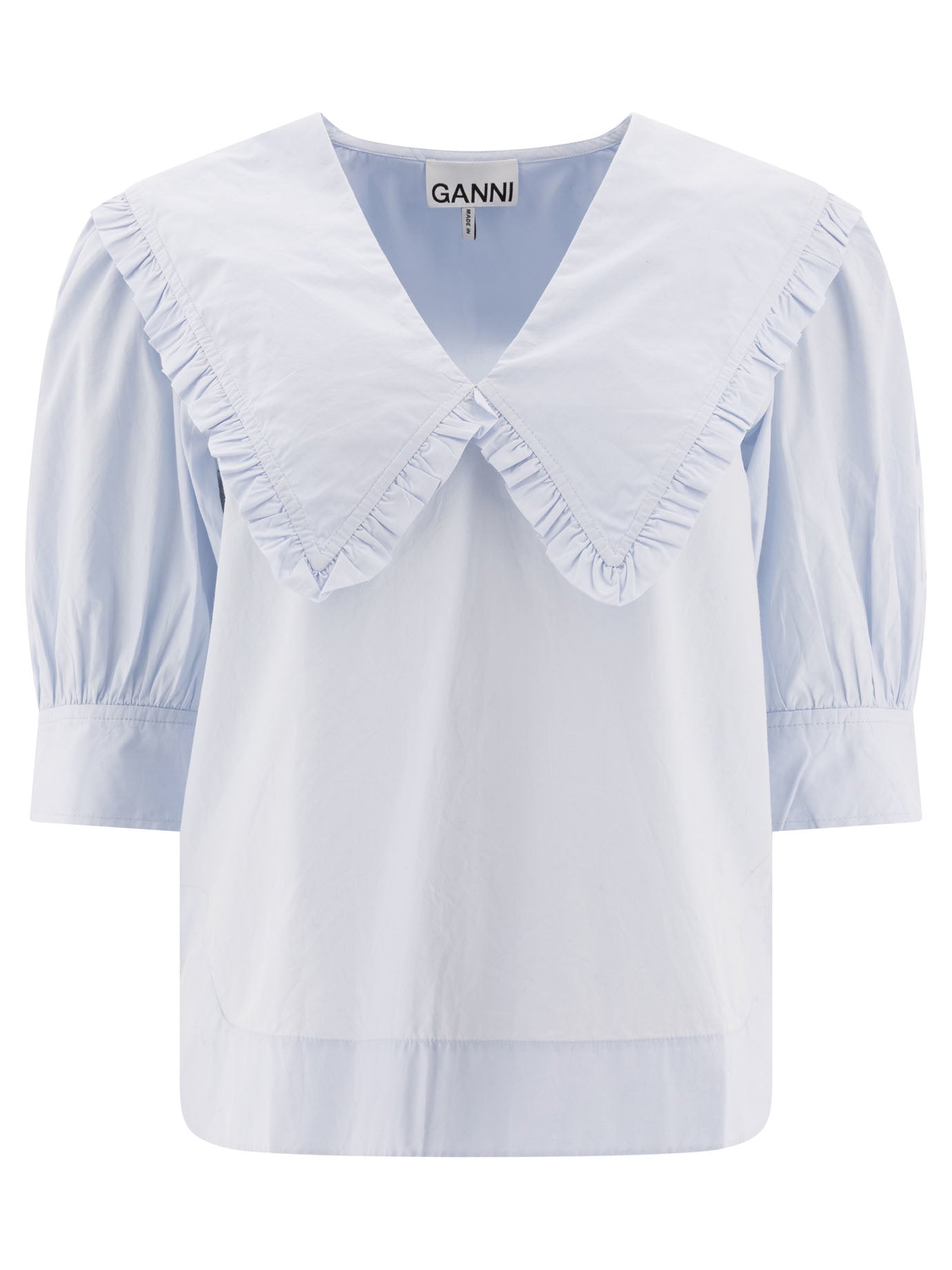 Ganni Cotton Poplin V-Neck Ruffle Blouse