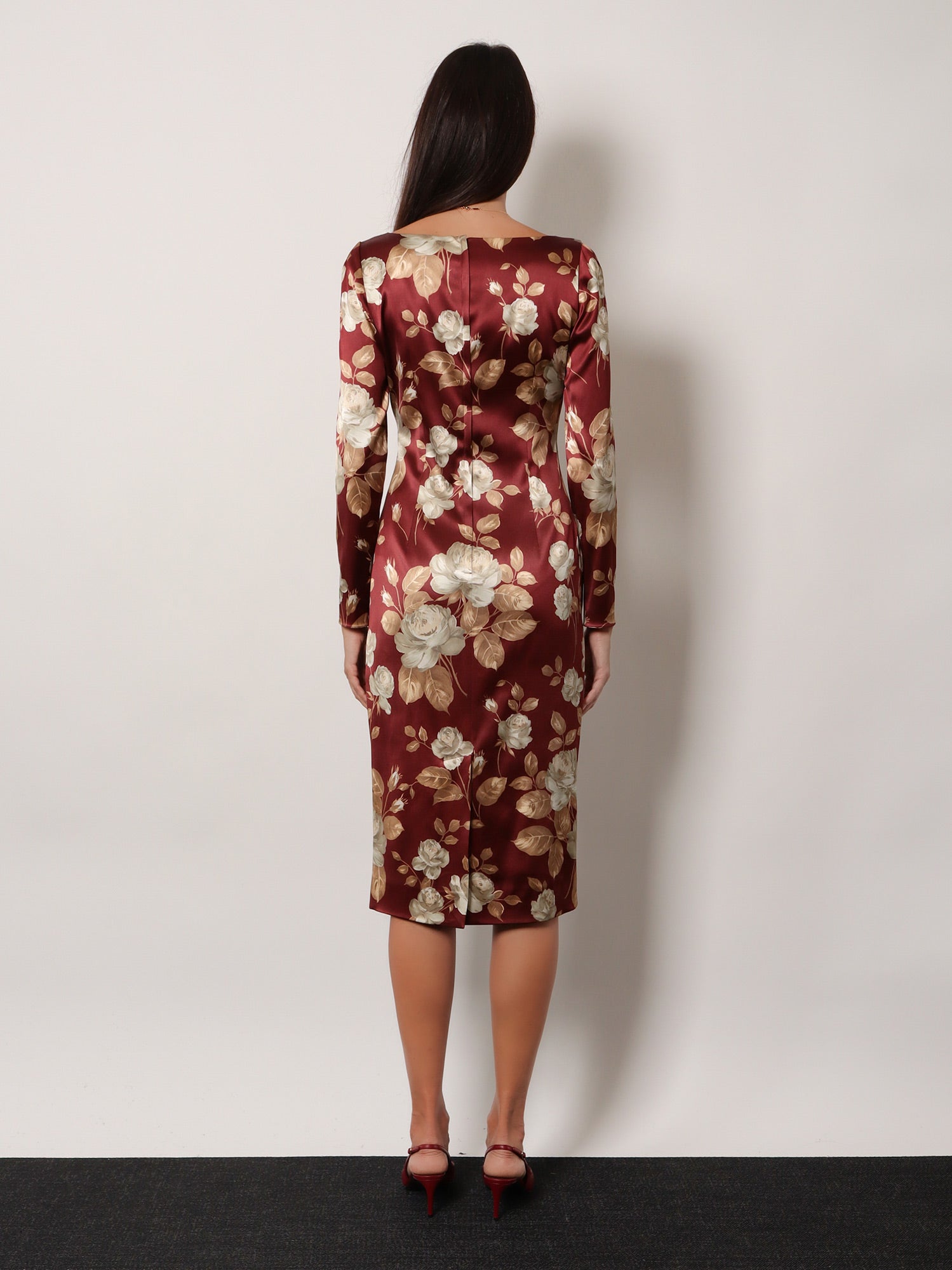 Dolce & Gabbana Vintage Rose Print Satin Midi Pencil Dress