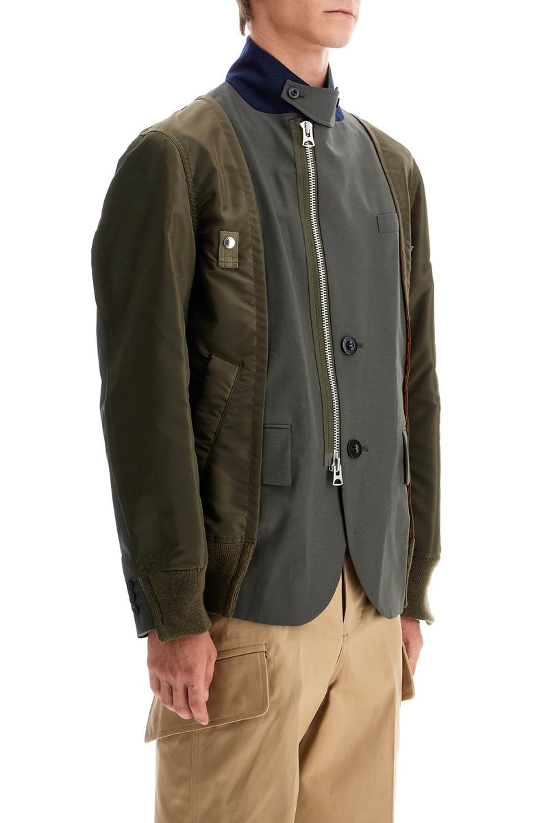 Sacai Hybrid Nylon And Wool Blend Jacket Khaki