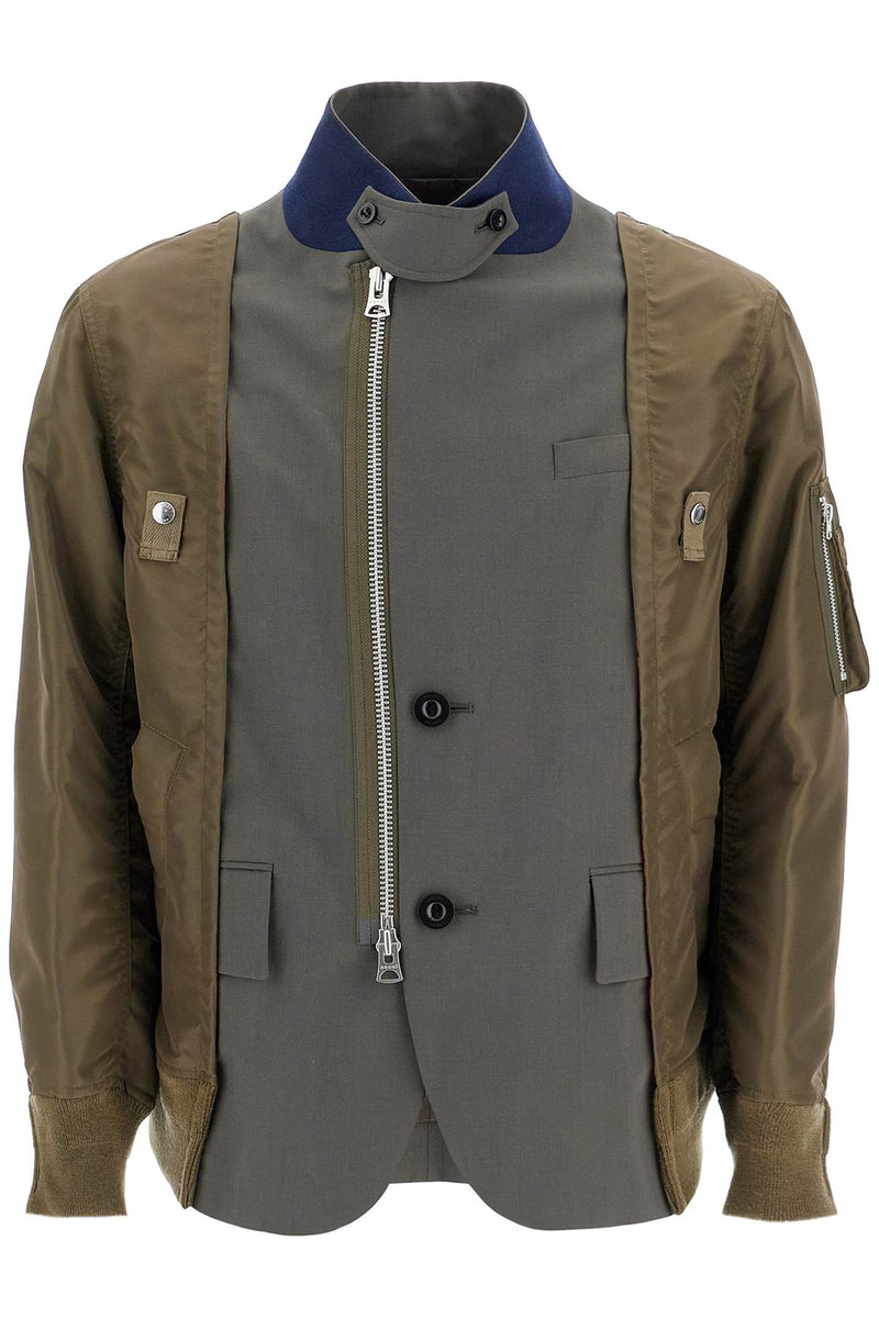 Sacai Hybrid Nylon And Wool Blend Jacket Khaki