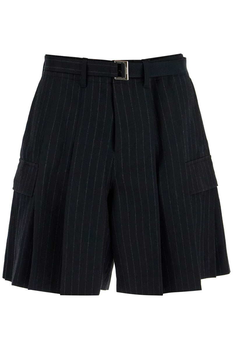 Sacai Striped Pleated Bermuda Shorts Black