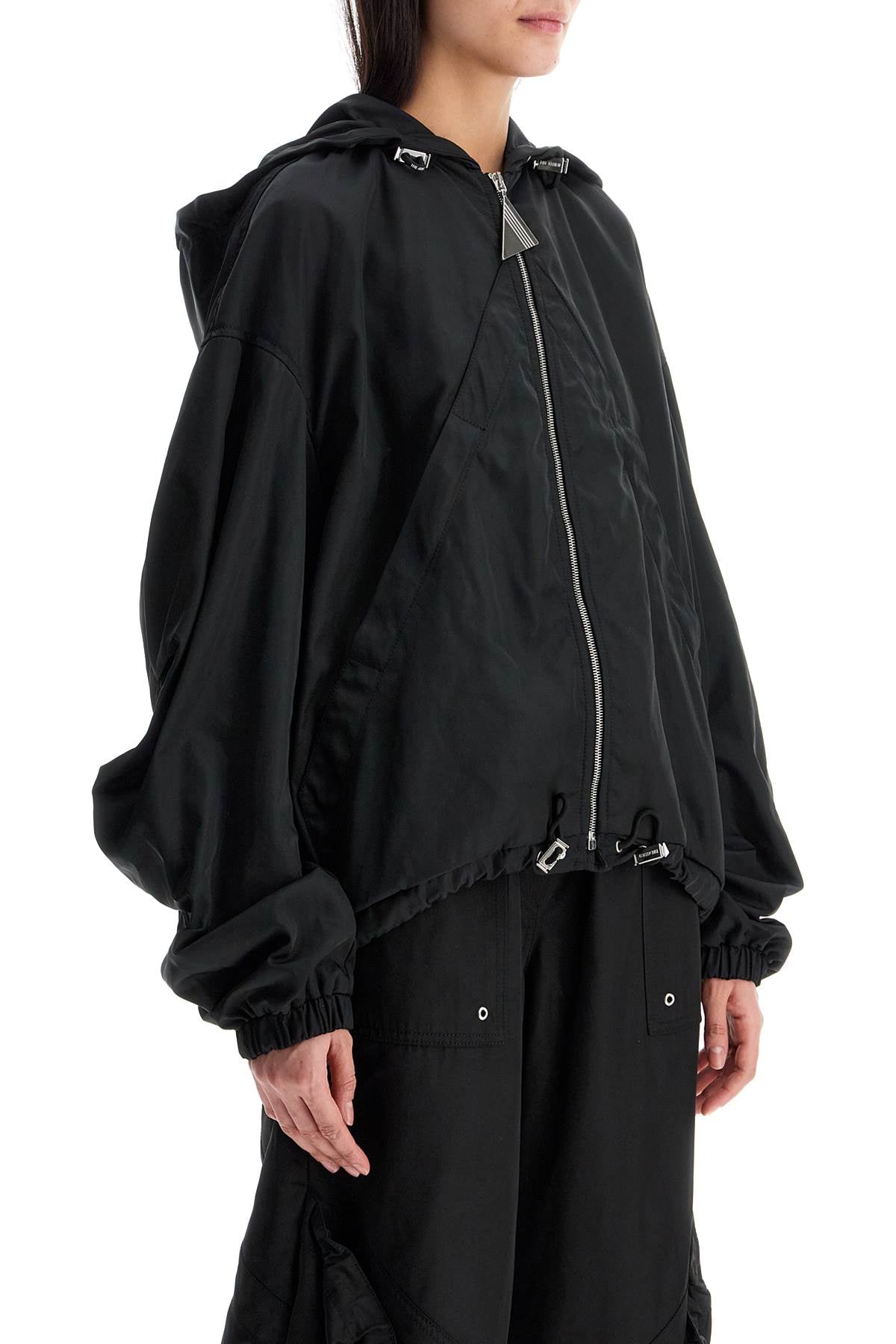 The Attico Oversized Black Hooded Bomber Jacket In Polyester