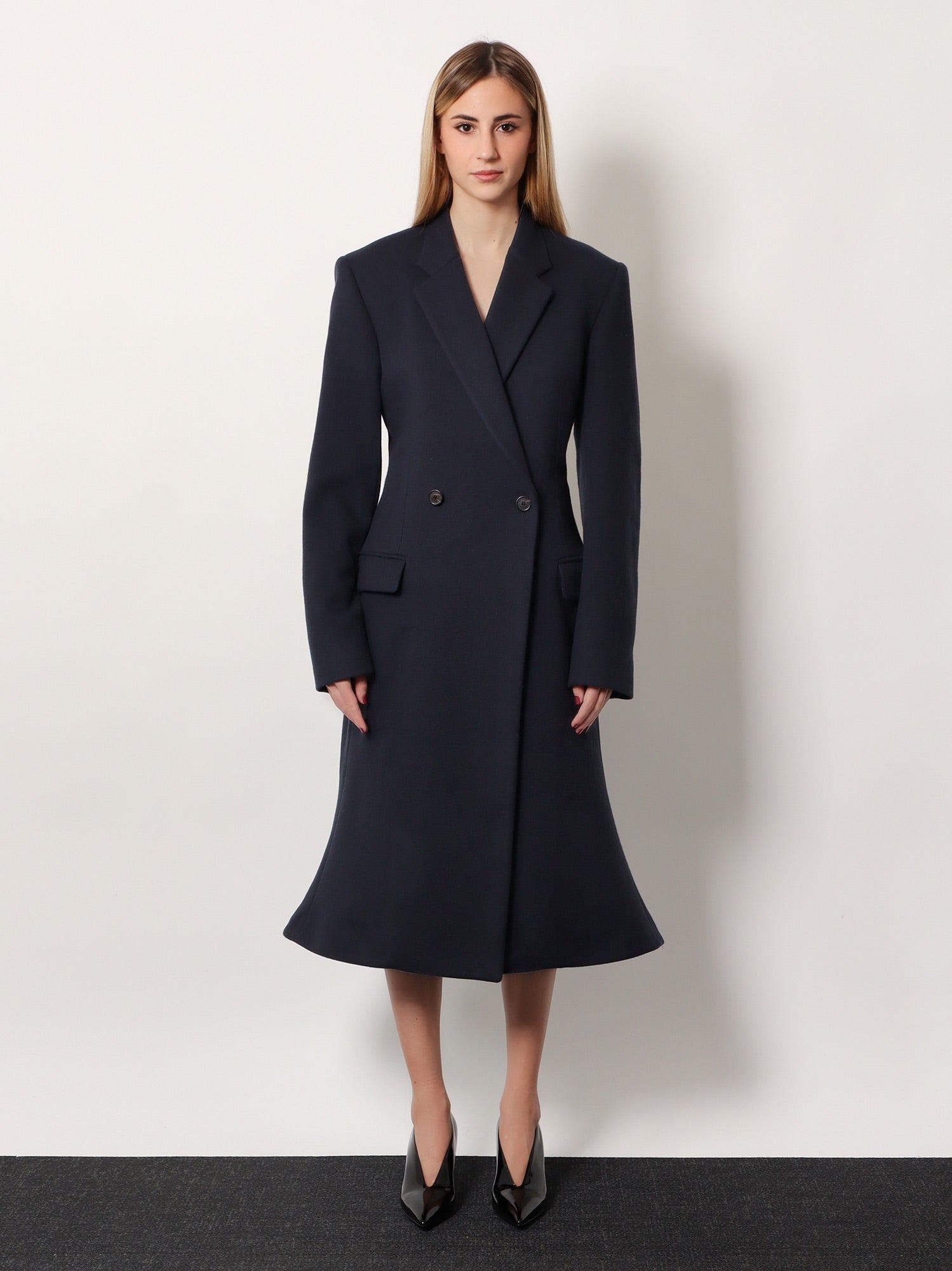 Balenciaga Godet Midi Double-breasted Wool Coat