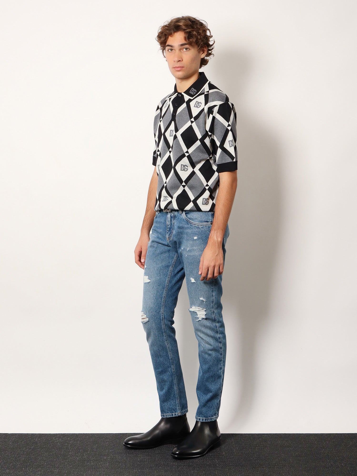 Dolce & Gabbana Virgin Wool Polo Shirt With Geometric Print