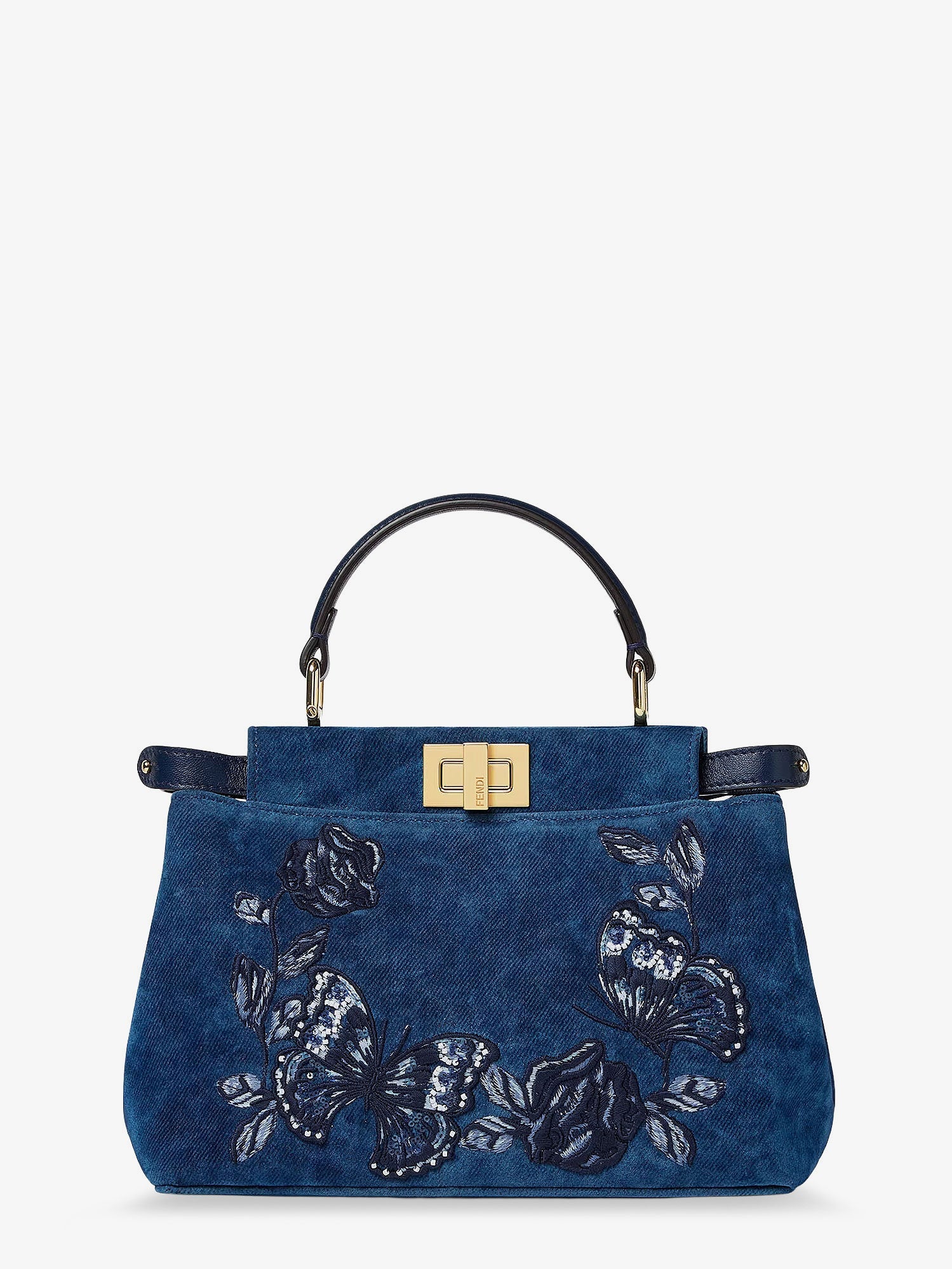 Fendi Peekaboo Mini Denim Crossbody Bag With Night Butterfly Embroidery