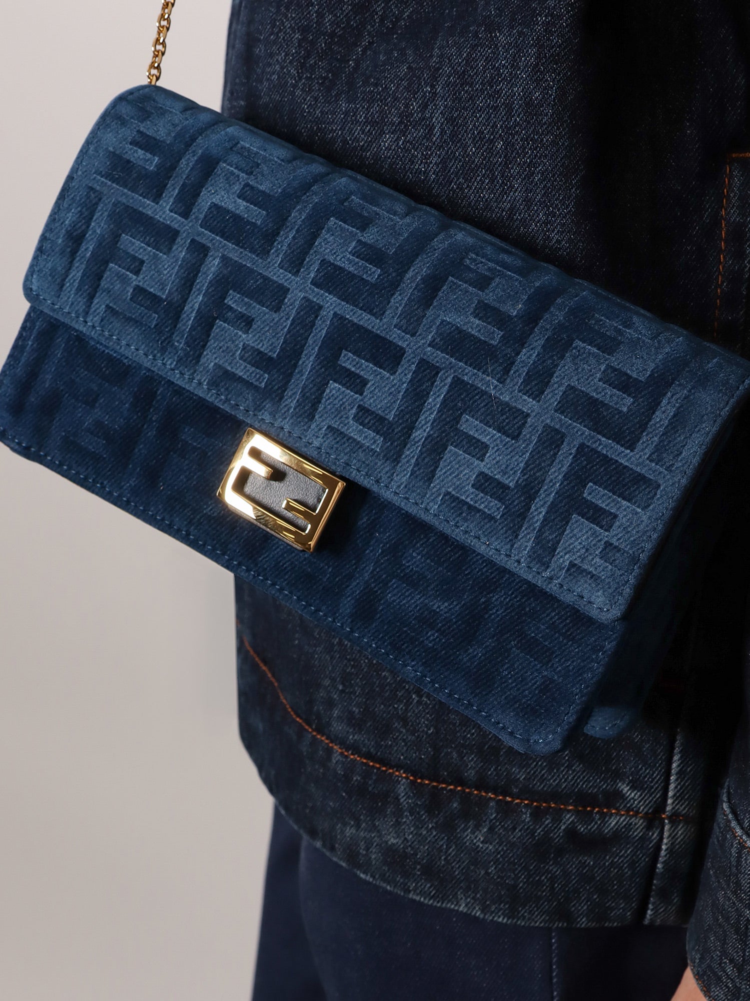 Fendi Wallet On Chain Baguette Shoulder Bag In Denim-effect Ff Corduroy