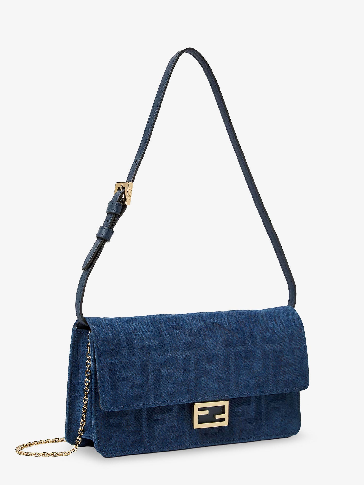 Fendi Wallet On Chain Baguette Shoulder Bag In Denim-effect Ff Corduroy