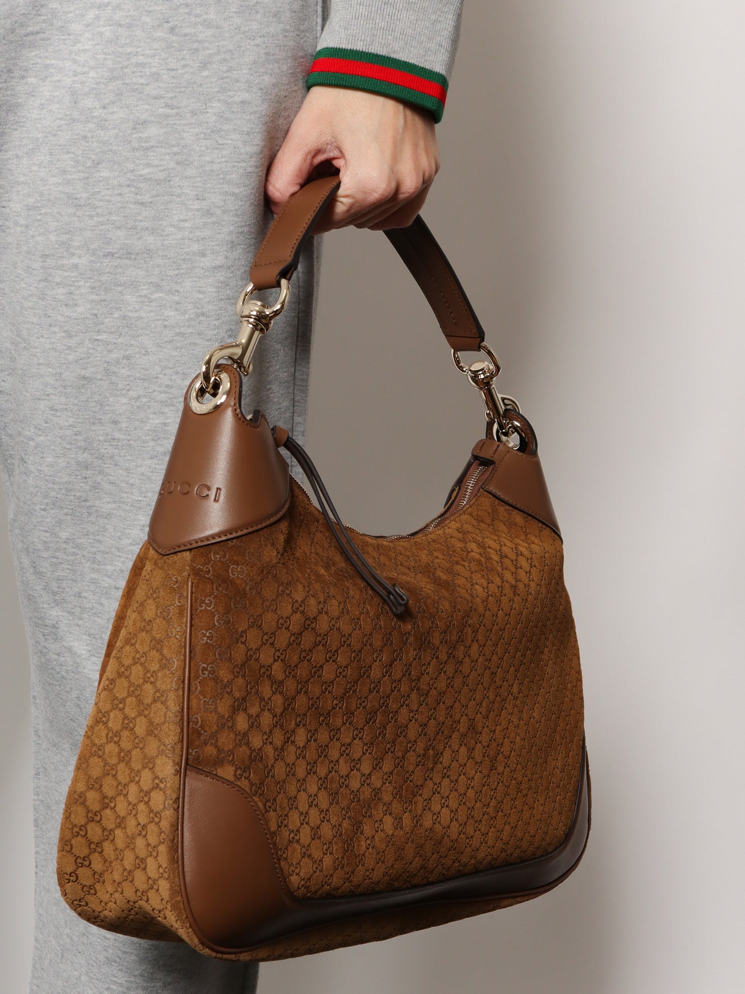 Gucci Gucci B Suede Shoulder Bag With All-over Gg Motif