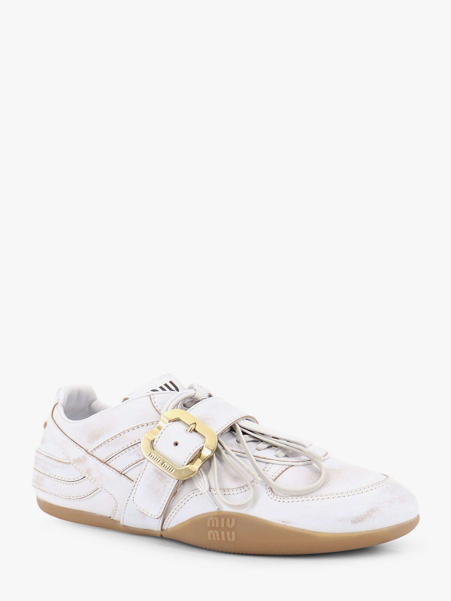 Miu Miu Used-effect Leather Sneakers With Metal Buckle Detail