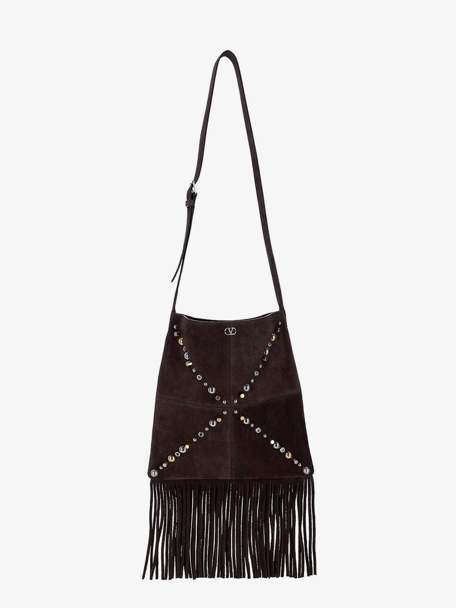 Valentino Suede Shoulder Bag With Fringes And Metal Details