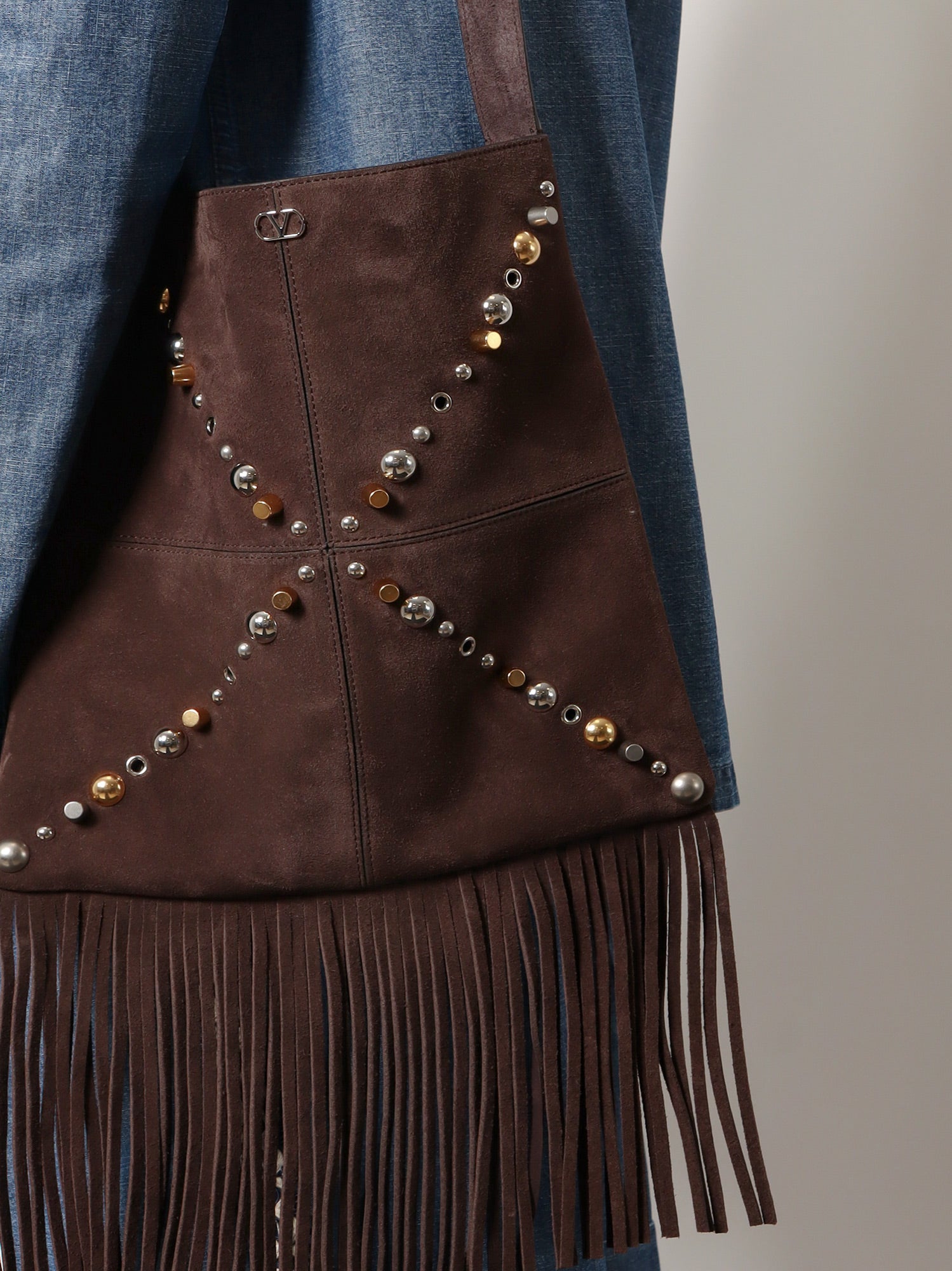 Valentino Suede Shoulder Bag With Fringes And Metal Details