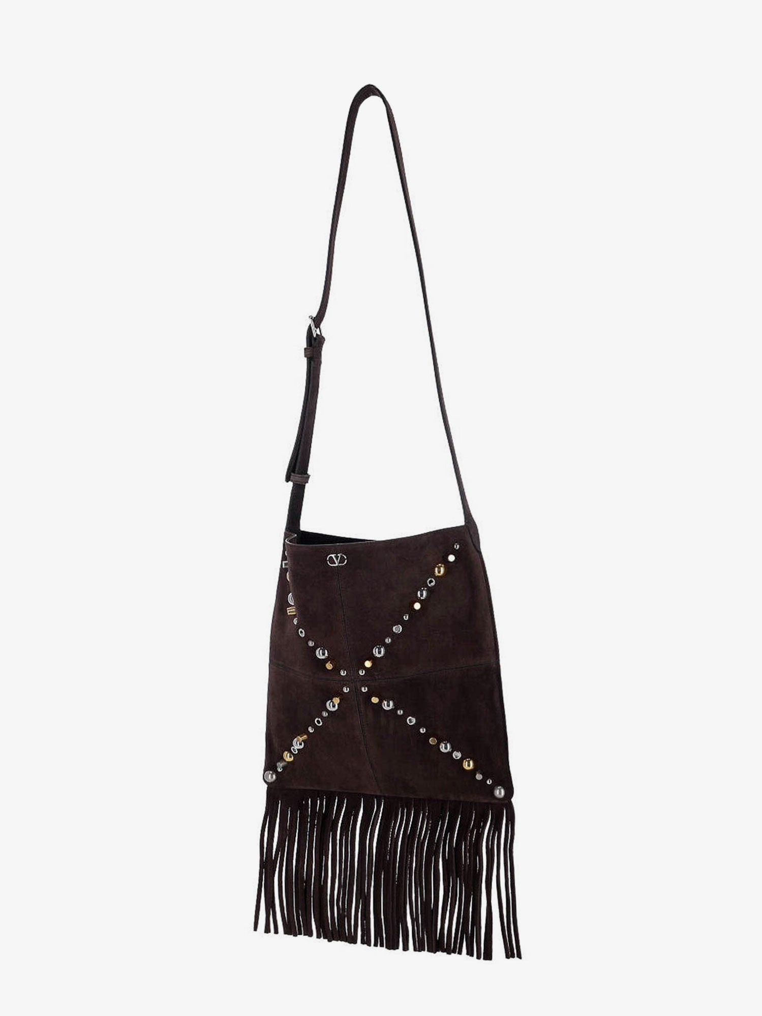 Valentino Suede Shoulder Bag With Fringes And Metal Details
